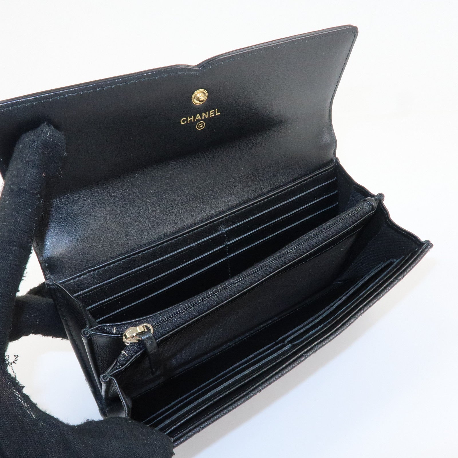 CHANEL Matelasse Caviar Skin CC Filigree Long Wallet Black A84448 Used
