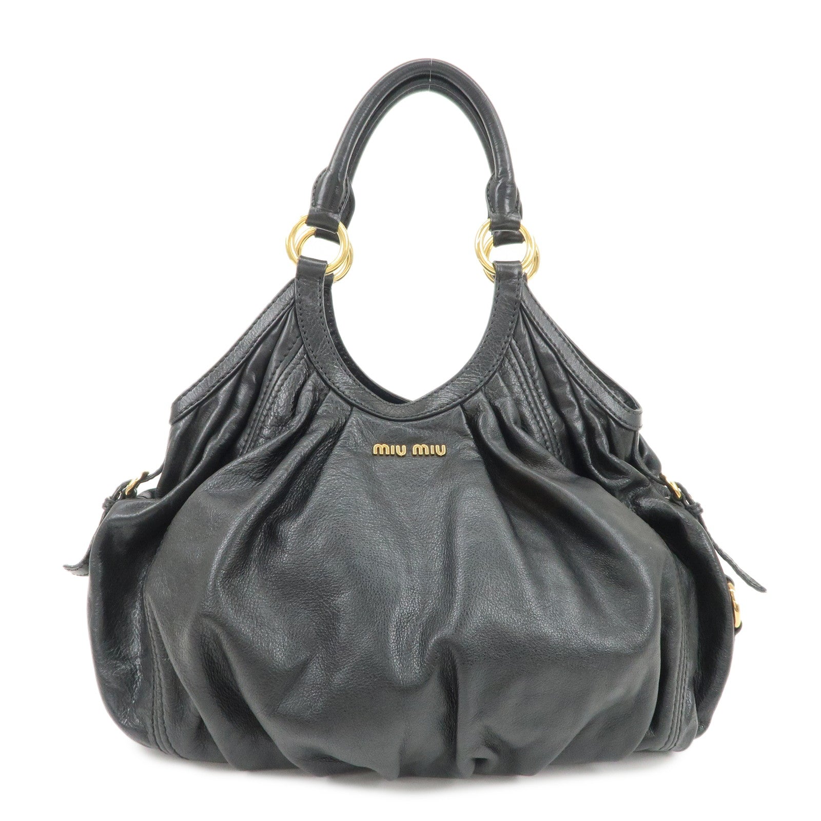 MIUMIU Logo Leather Shoulder Bag Tote Bag Black GOLD HDW Used