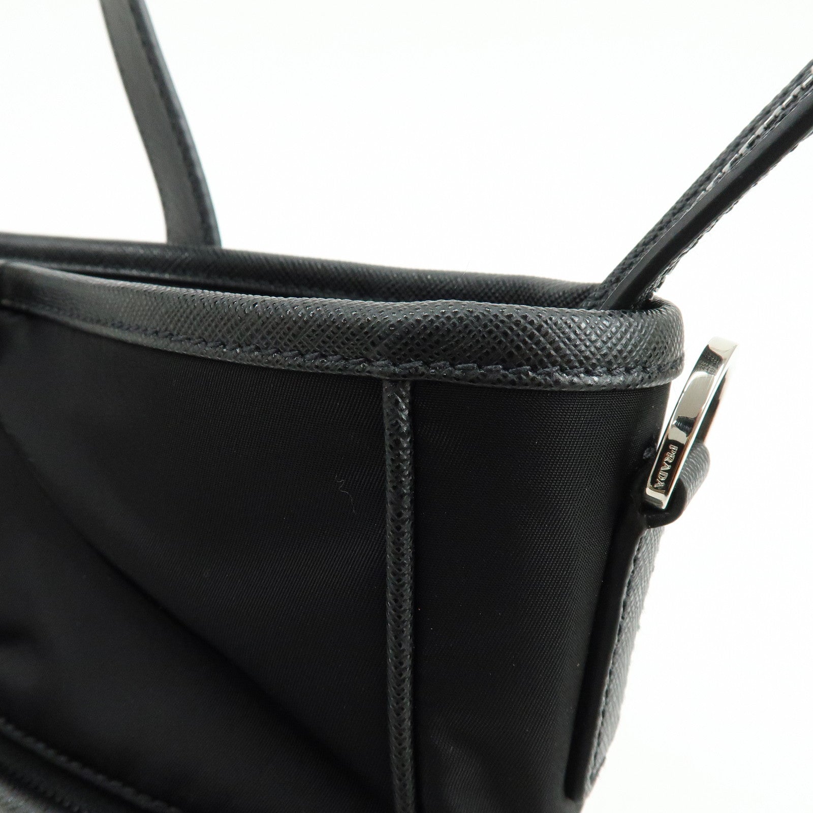 PRADA Triangle Logo Re-Nylon Saffiano Leather Tote Bag Black 2VG860