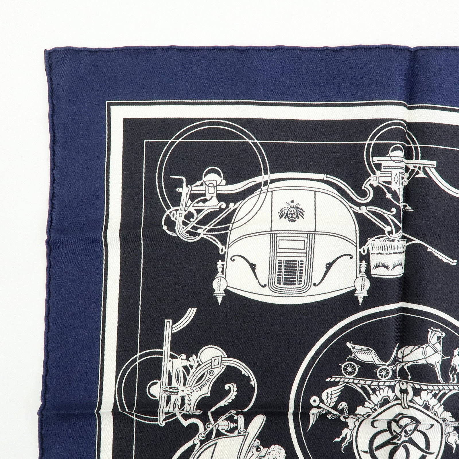 HERMES Carre 42 Silk 100% Ex-Libris Fringe Scarf Black Navy