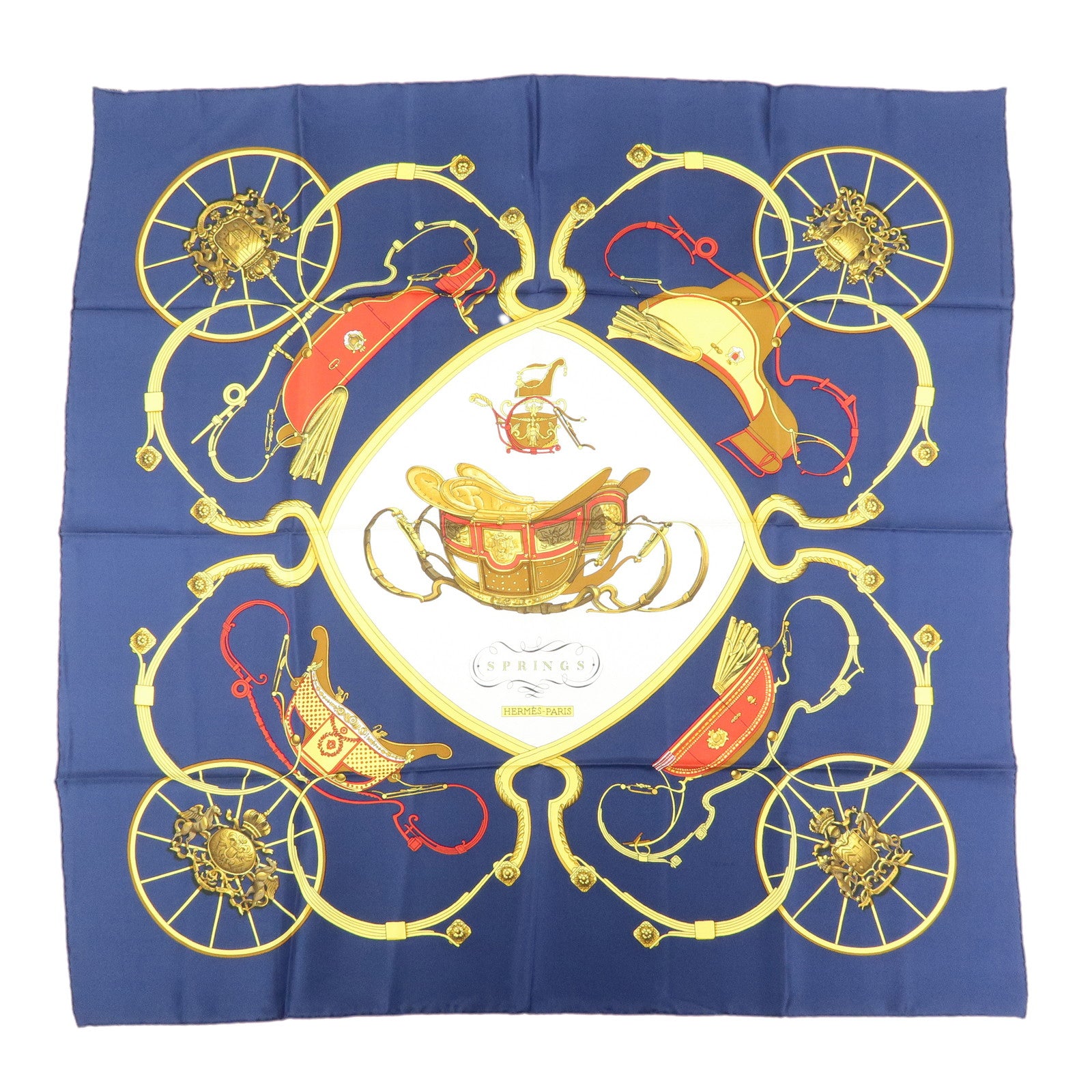 HERMES Carre 90 Silk 100% Scarf SPRINGS Navy