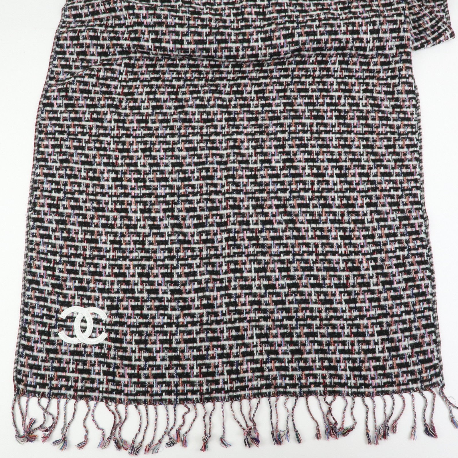CHANEL COCO Mark Cashmere Silk Scarf Multicolor Black White