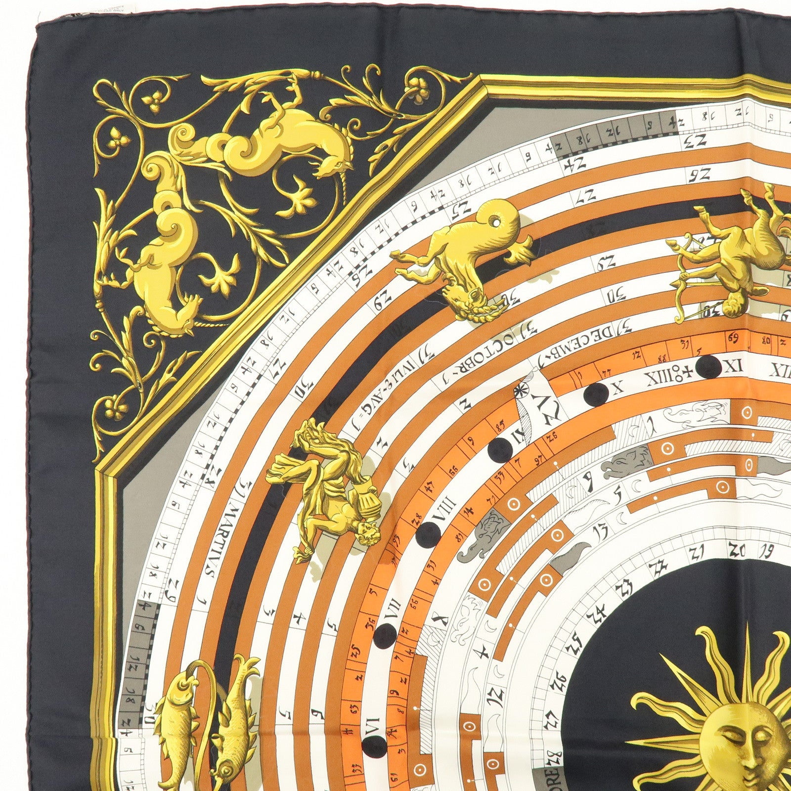HERMES Carre 90 Silk 100% Scarf DIES ET HORE Black Gold White
