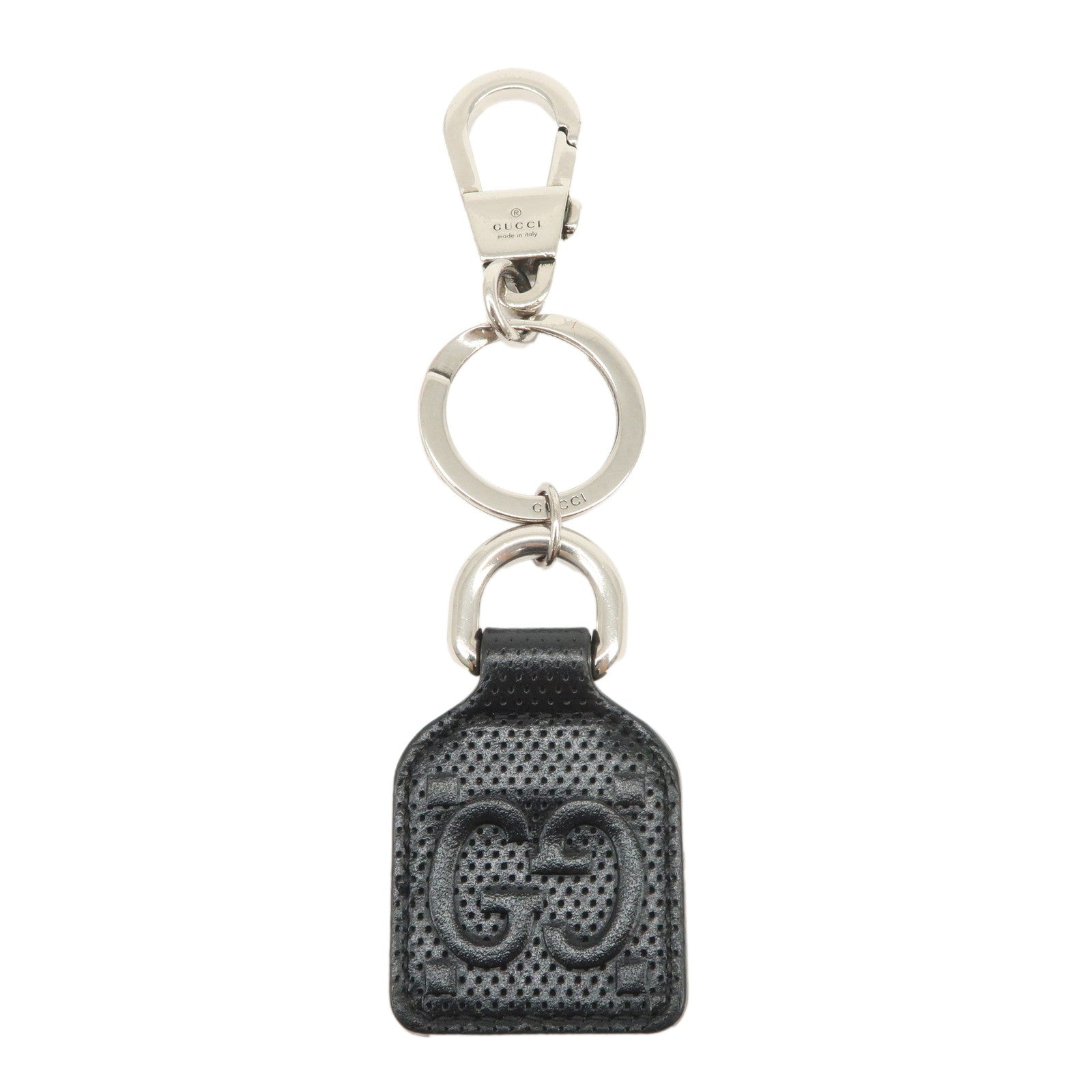 GUCCI GG Embossed Leather Metal Bag Charm Key Chain Black 625607