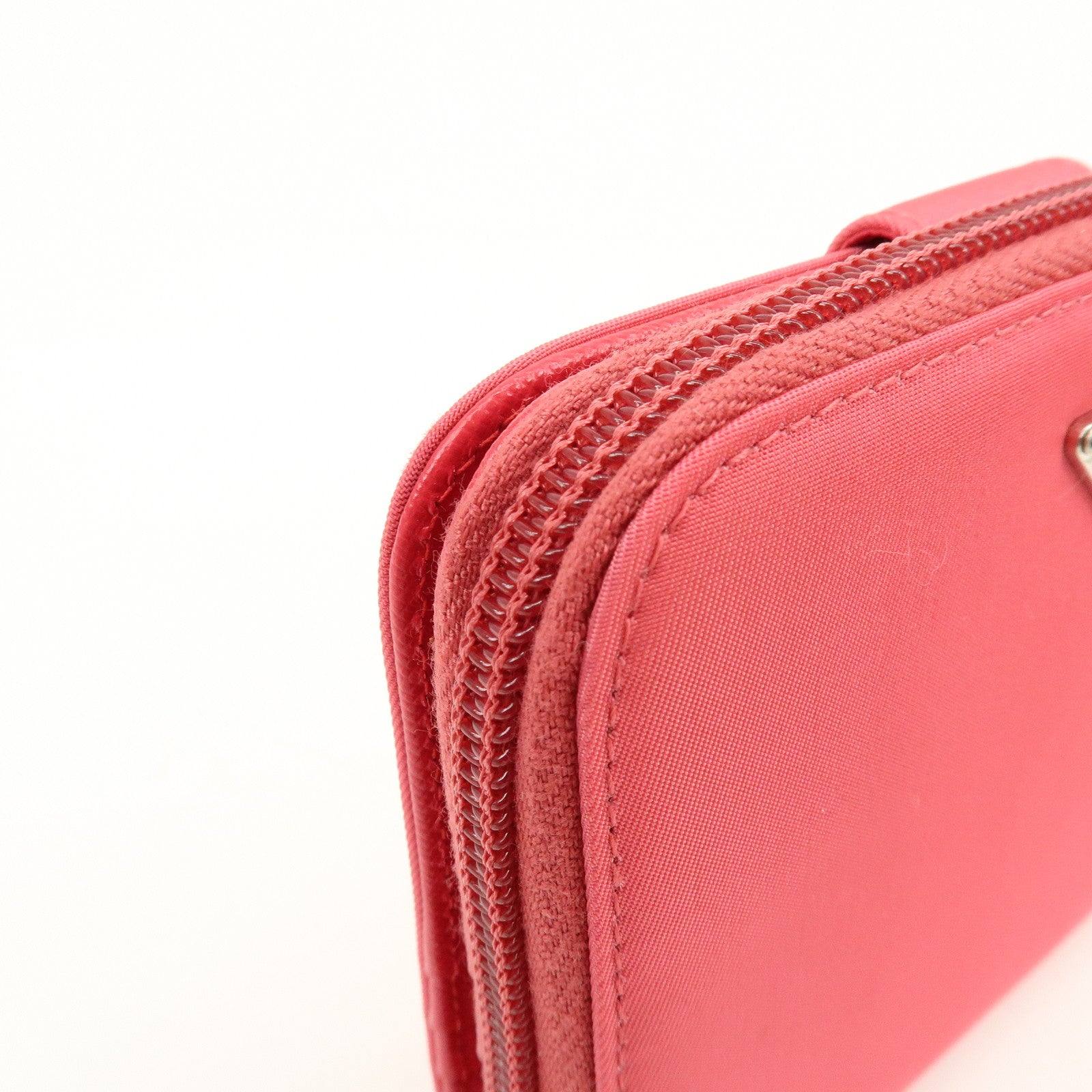 PRADA Triangle Logo Nylon Leather Round Zippy Compact Wallet Pink