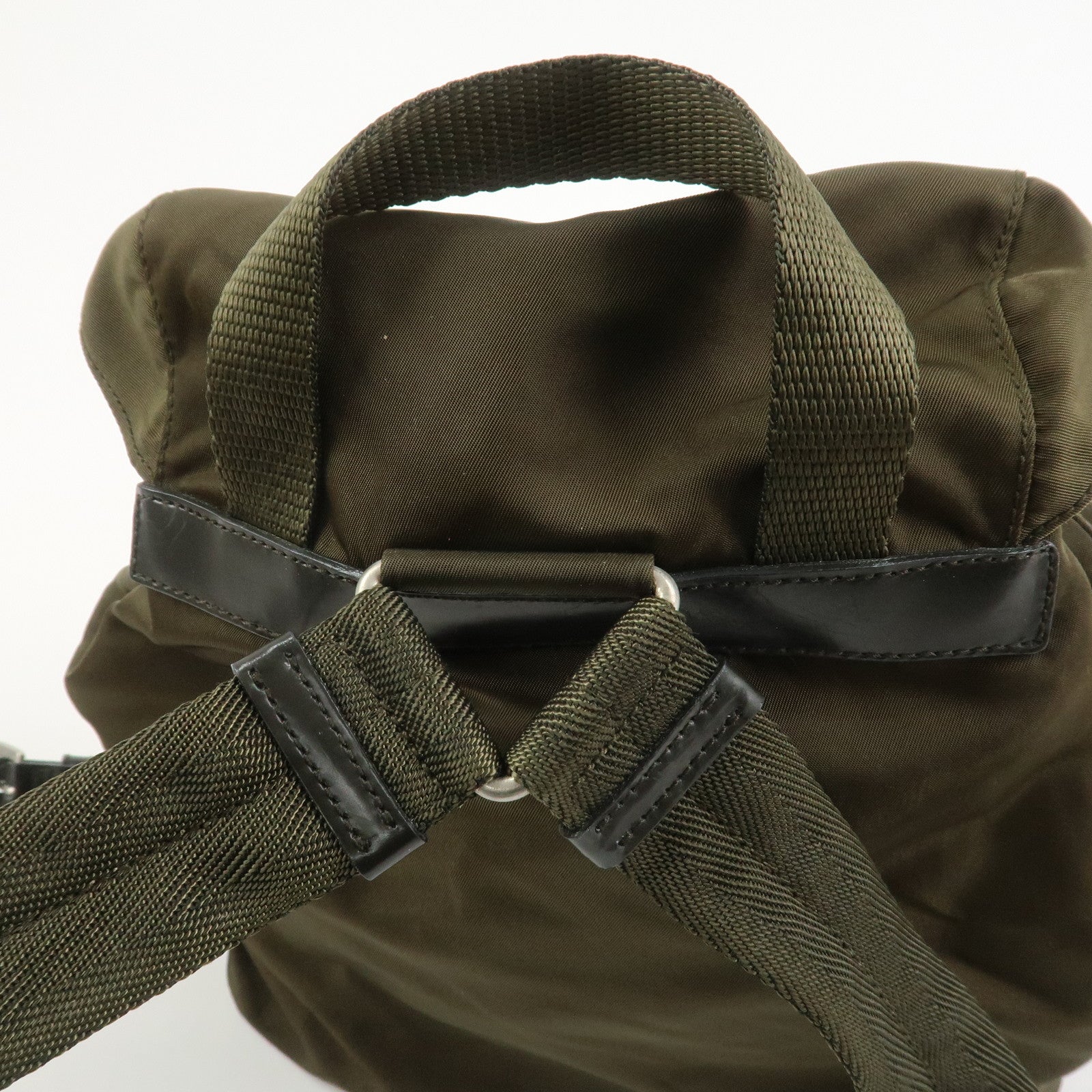 PRADA Triangle Logo Nylon Leather Backpack Rucksack Khaki B6677