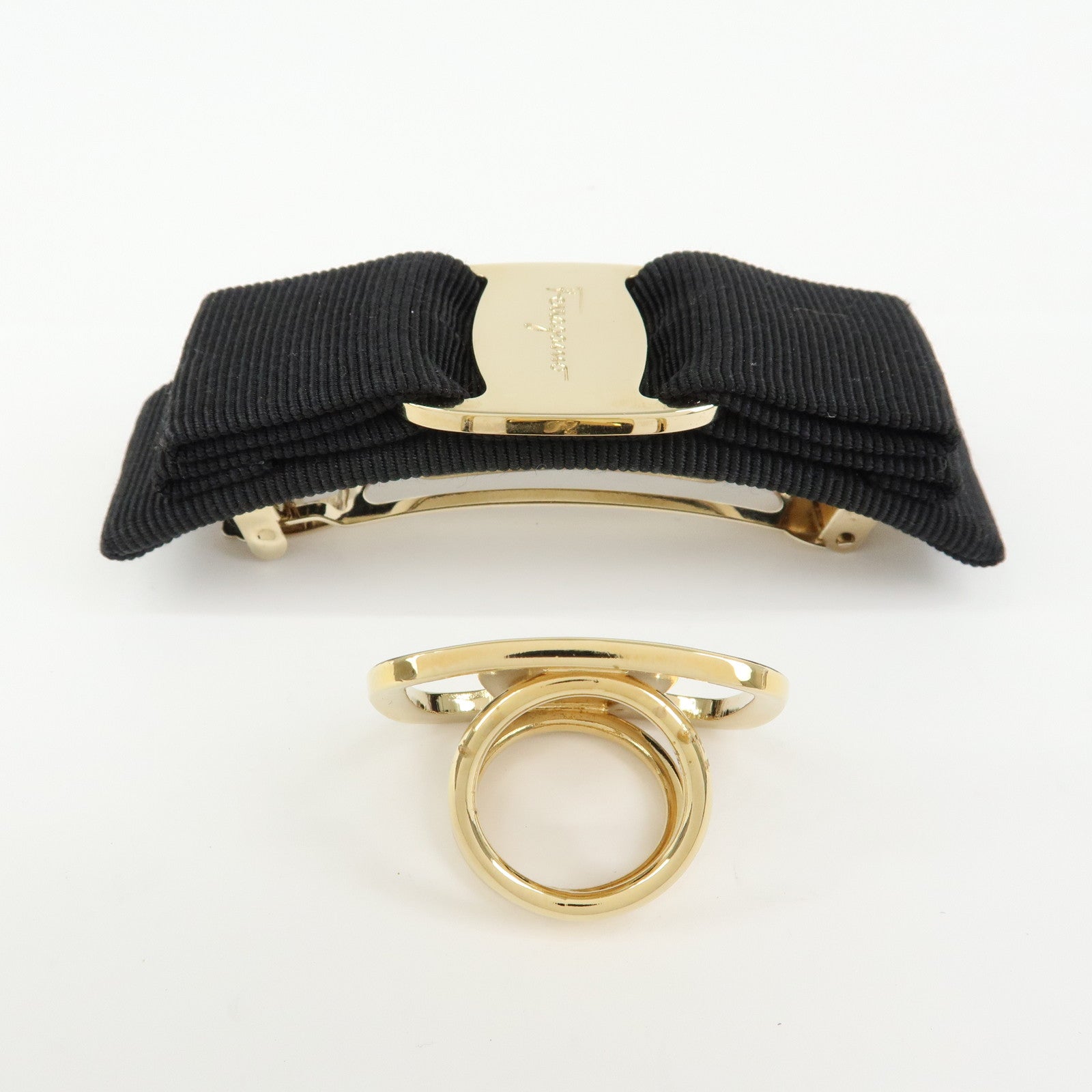 Ferragamo Set of 2 Vara Ribbon Metal Canvas Hair Clip Scarf Ring