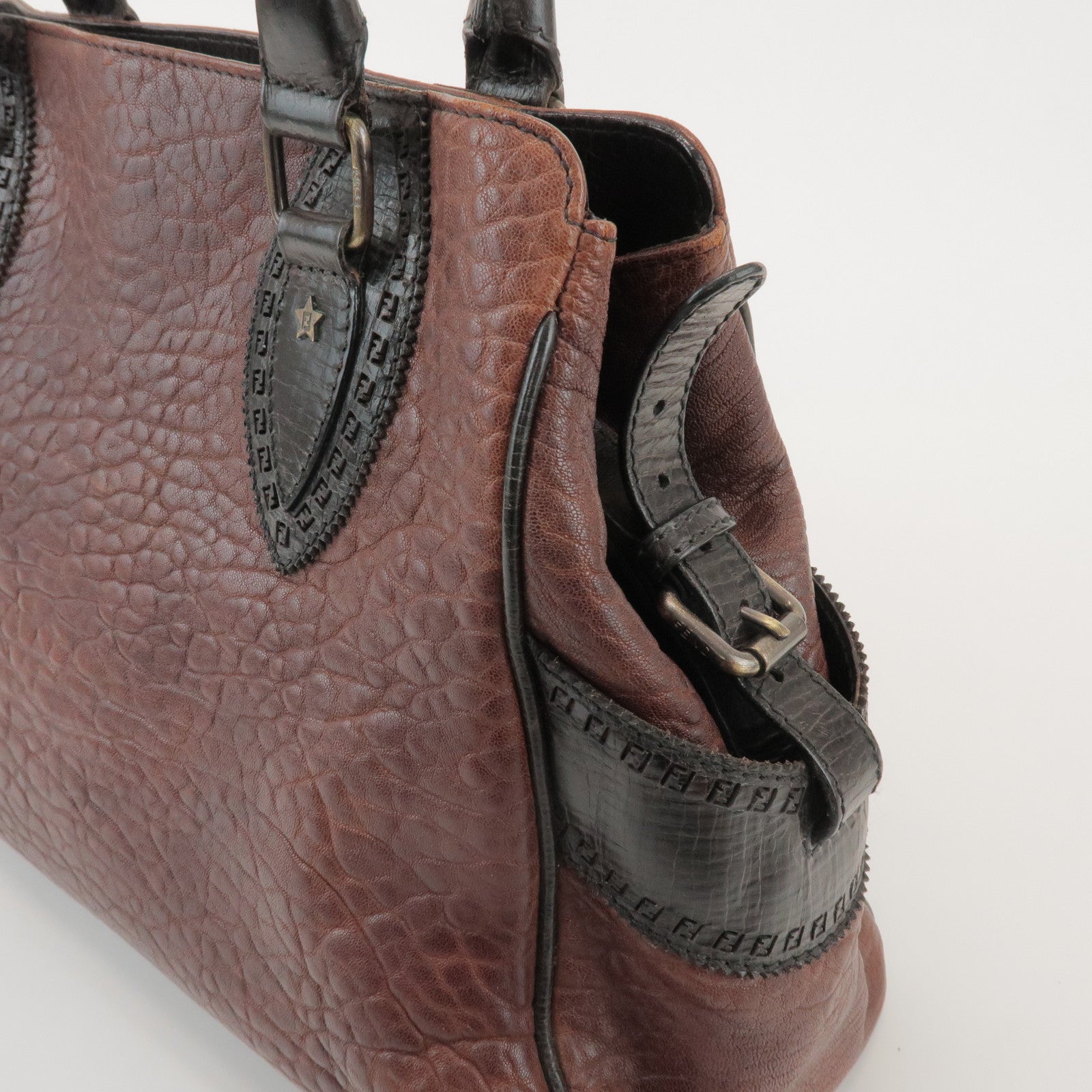 FENDI Etnico Leather Tote Bag Hand Bag Dark Brown 8BN162