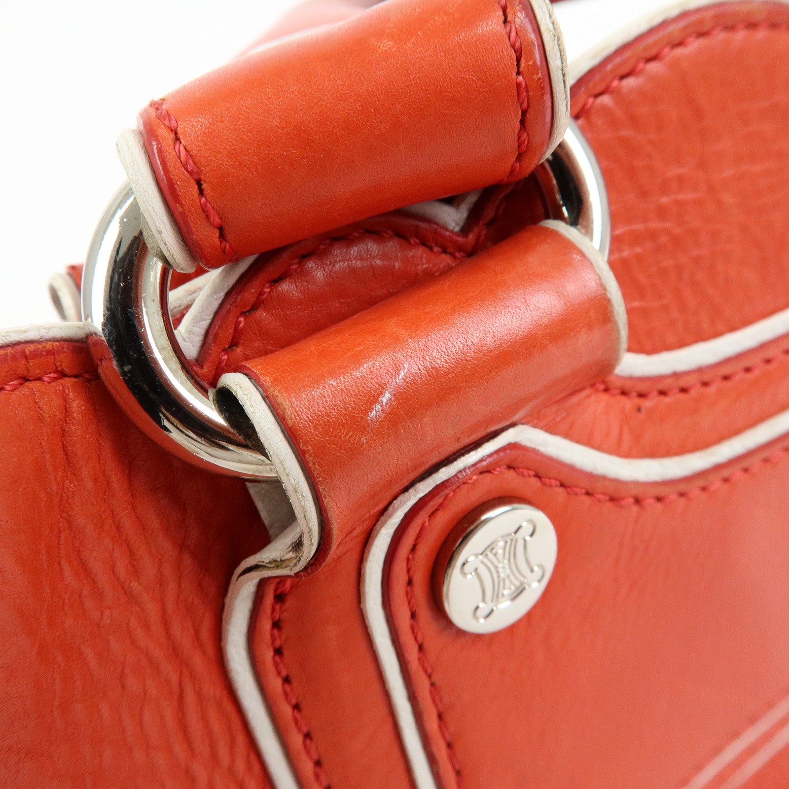 CELINE Scalloped Boogie Bag Leather Hand Bag Tote Bag Orange White