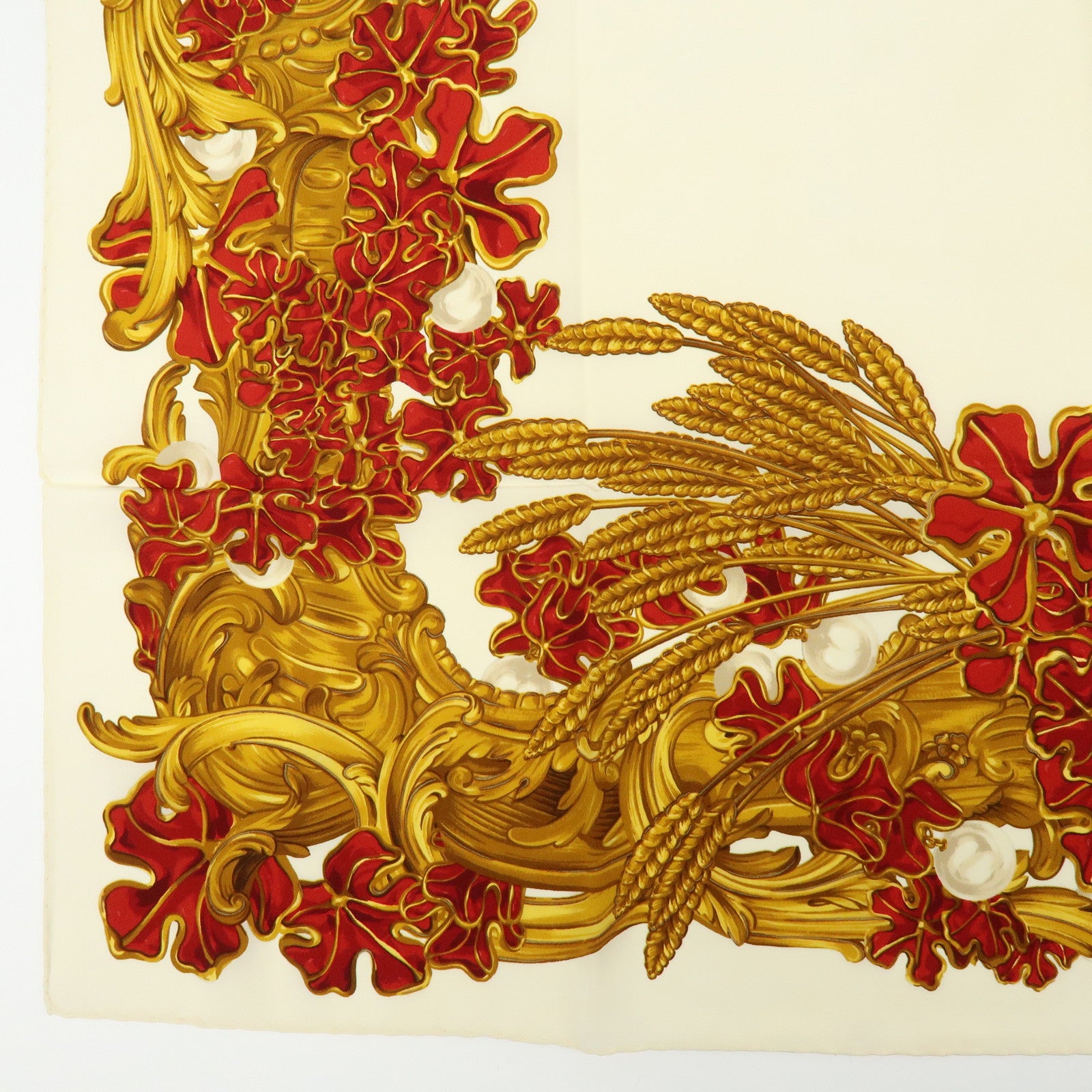 CHANEL Silk 100% Scarf Pearl Flower Motif Gold Red Ivory