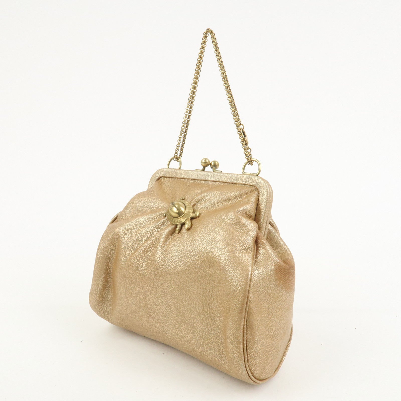 Ferragamo Leather Turtle Motif Chain Hand Bag Metallic Pink Beige