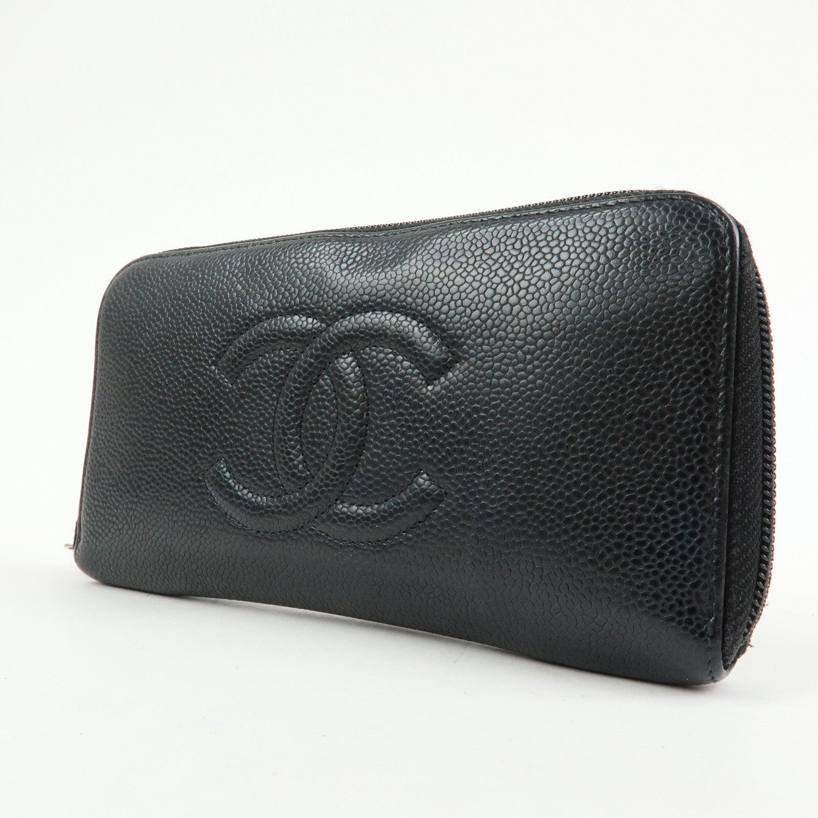 CHANEL COCO Mark Caviarskin Round Zippy Long Wallet Black A50071