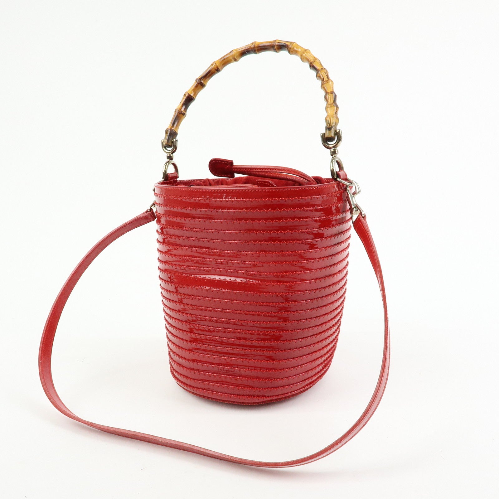 GUCCI Bamboo Patent Leather 2Way Bag Bucket Bag Red 001・01・1722