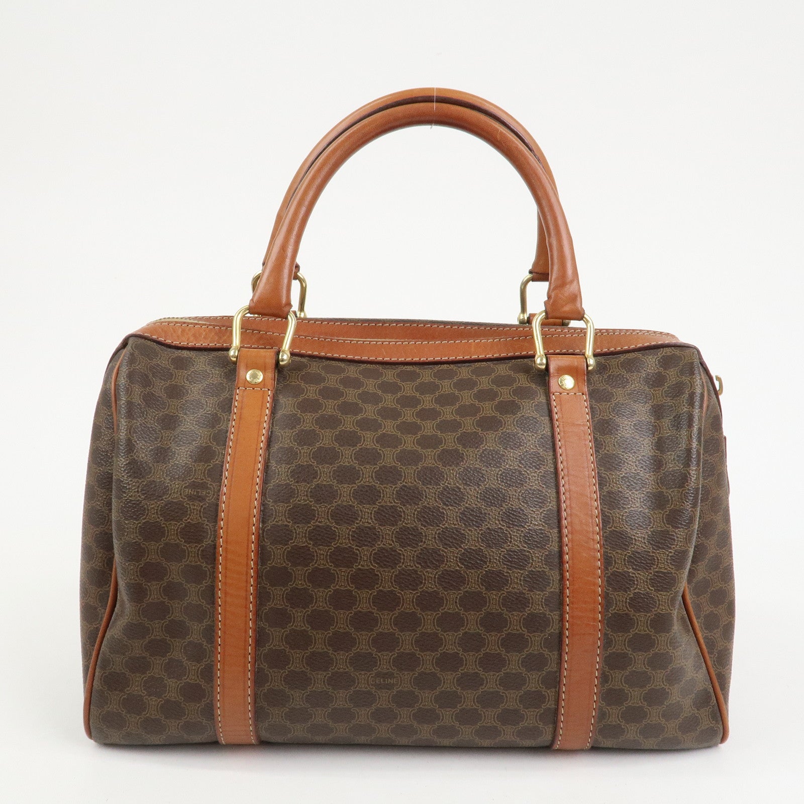 CELINE Macadam PVC Coating Canvas Leather Boston Bag Brown