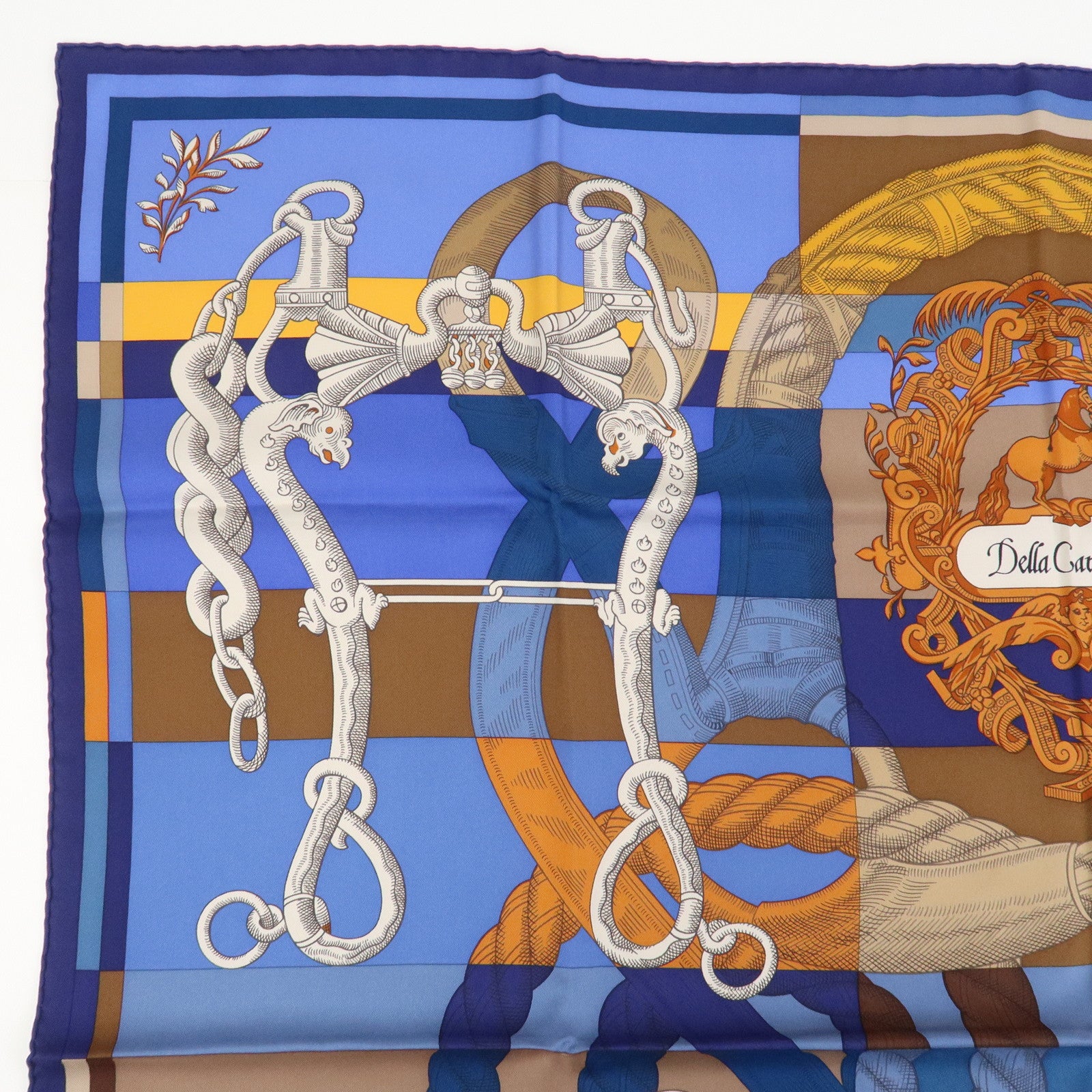 HERMES Carre 90 Silk 100% Scarf DELLA CAVALLERIA Blue Brown