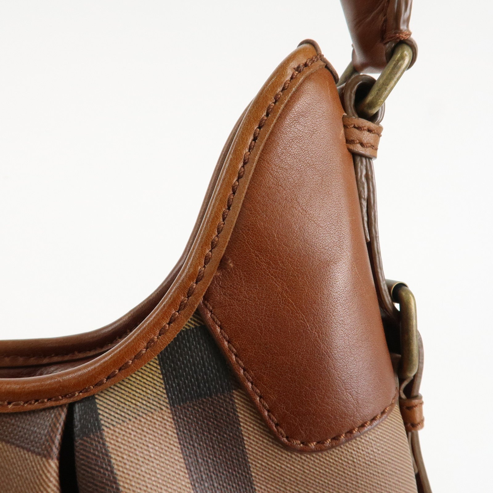 BURBERRY Nova Plaid PVC Leather Shoulder Bag Hand Bag Brown Used