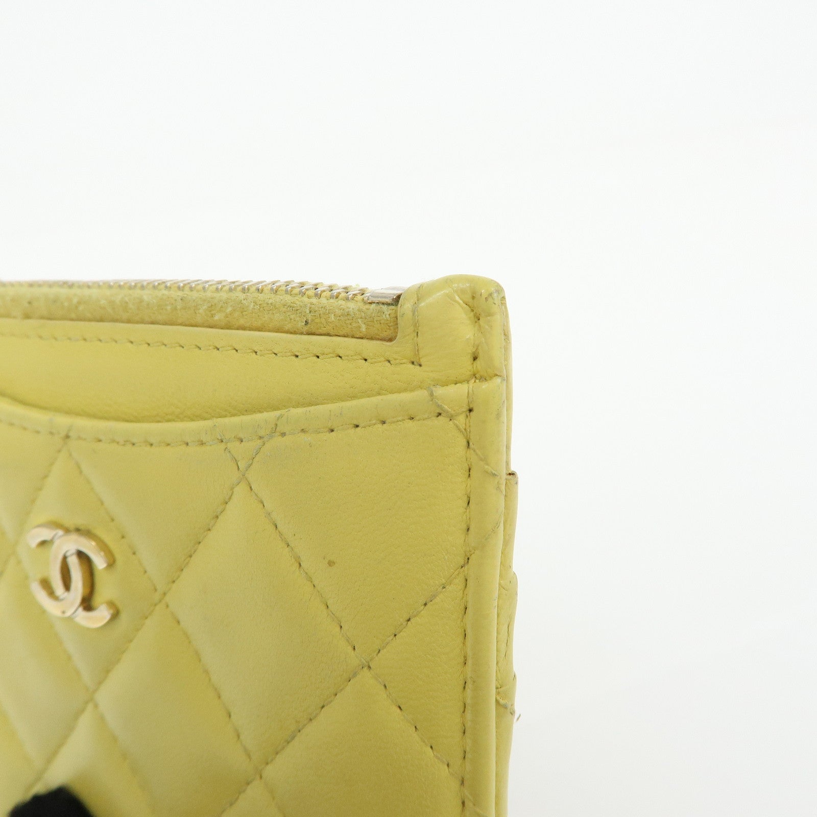 CHANEL Matelasse COCO Mark Lamb Skin Card Case Card Holder Yellow
