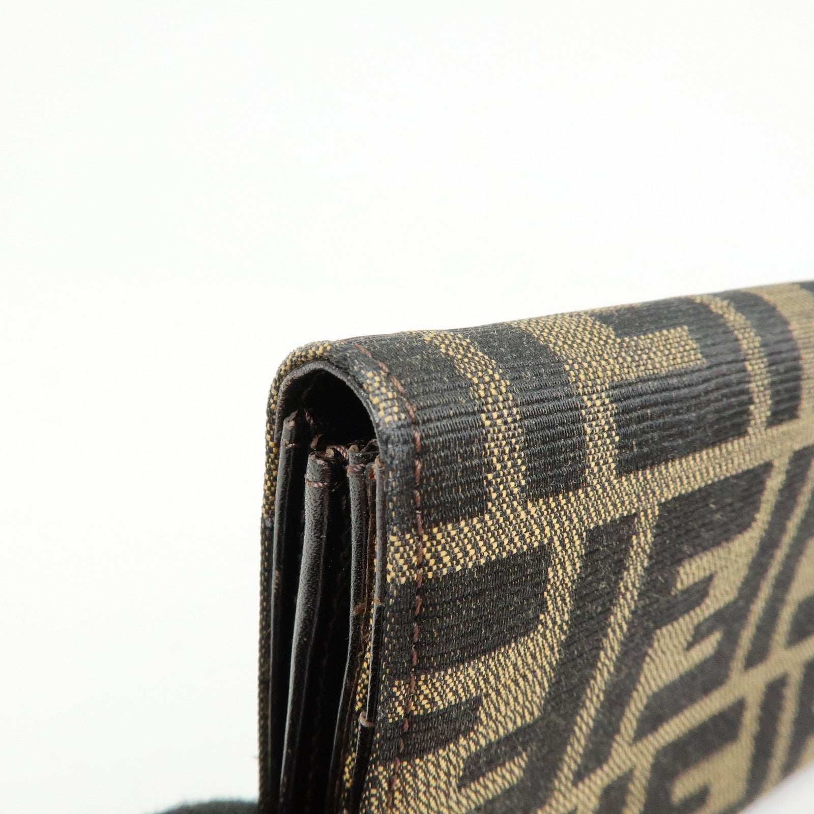 FENDI Zucca Canvas Leather Bi-Fold Long Wallet Black Brown 8M0000