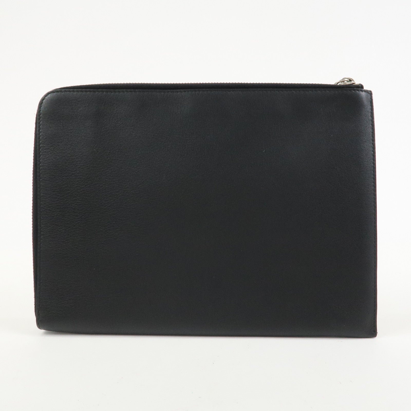 FENDI Leather Wool Apple Motif Clutch Bag Pouch Black 8M0363