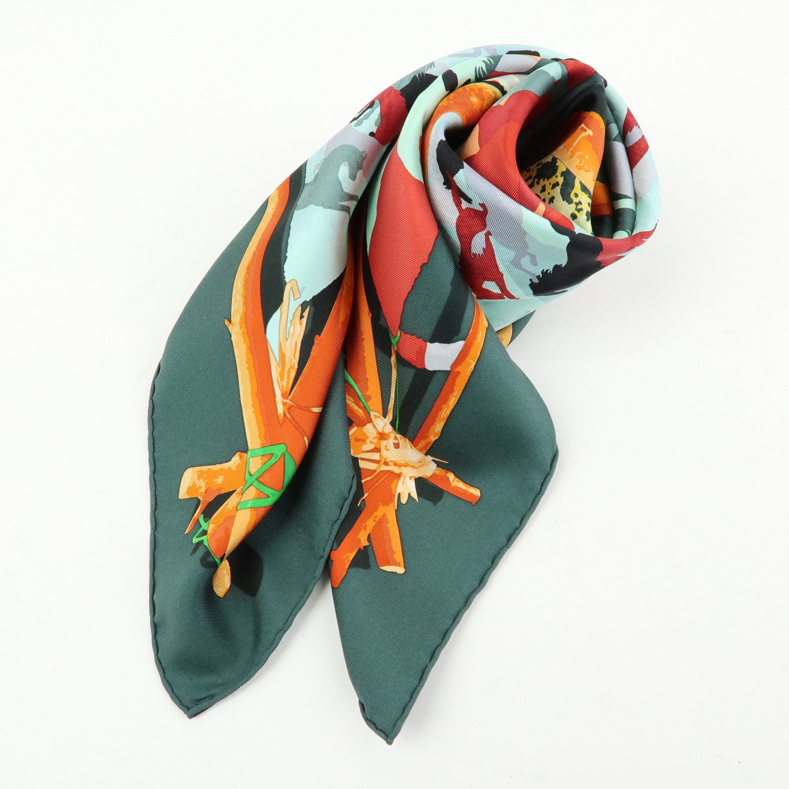 HERMES Carre 90 Silk 100% Scarf LE ROBINSON CHIC Green Brown