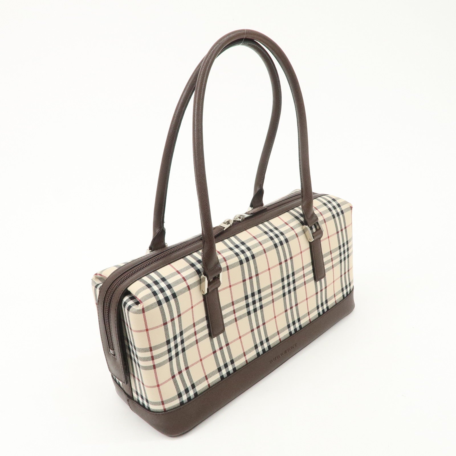 BURBERRY Leather Canvas Boston Bag Hand Bag Nova Plaid Brown Used
