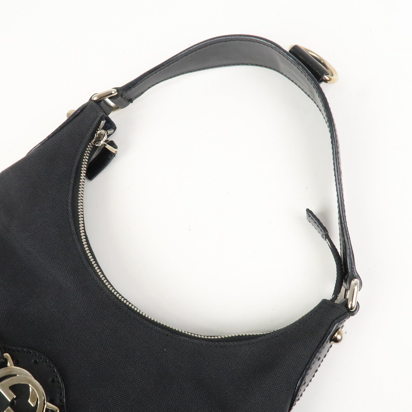 GUCCI Interlocking G Canvas Leather One Shoulder Bag Black 114869