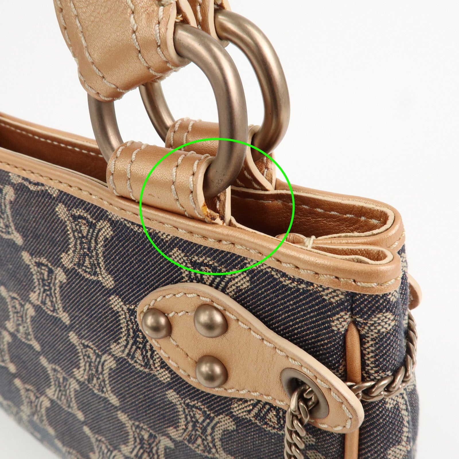 CELINE Macadam Denim Leather Glitter Hand Bag Metallic Pink Navy