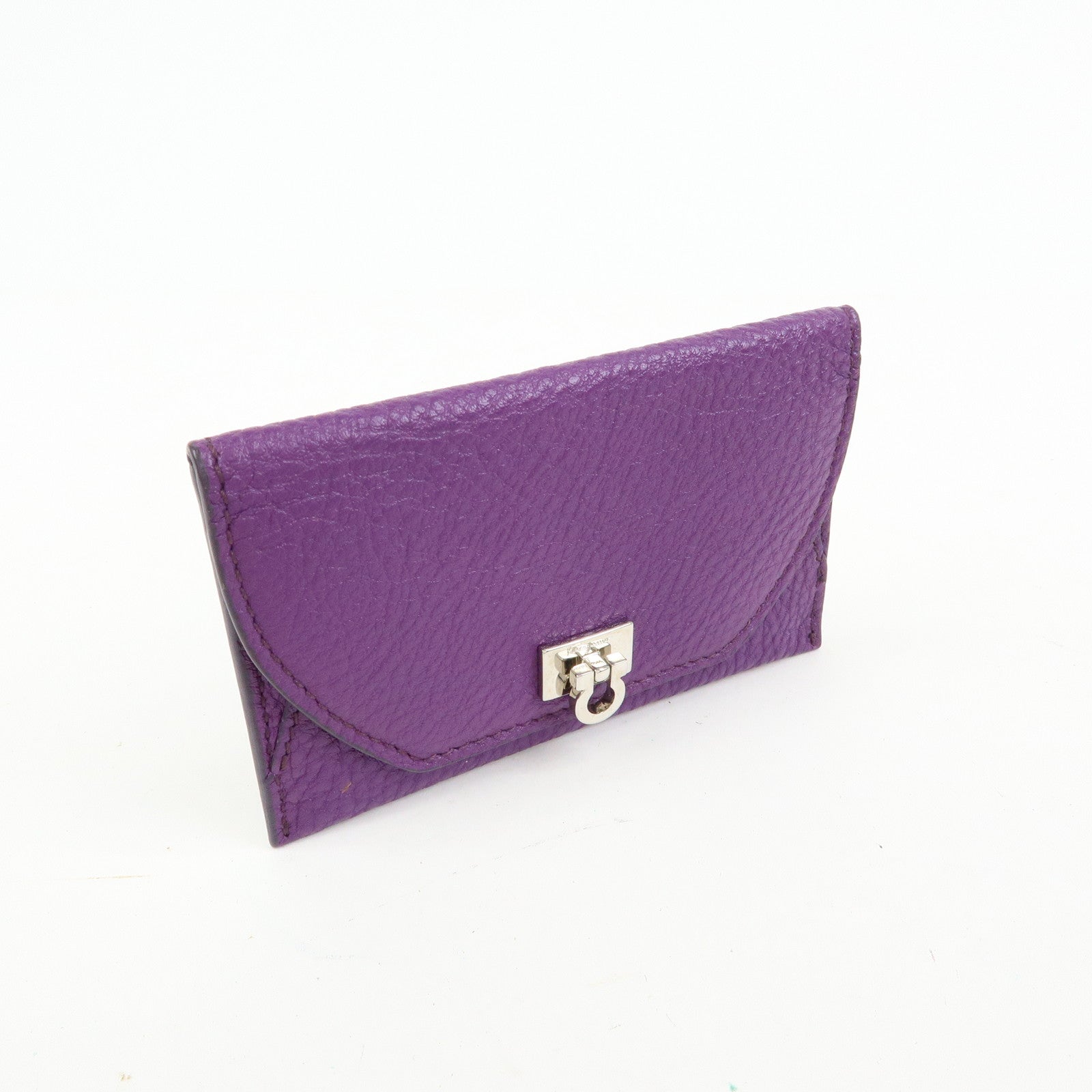 Ferragamo Gancini Leather Flap Button Card Case Purple Silver