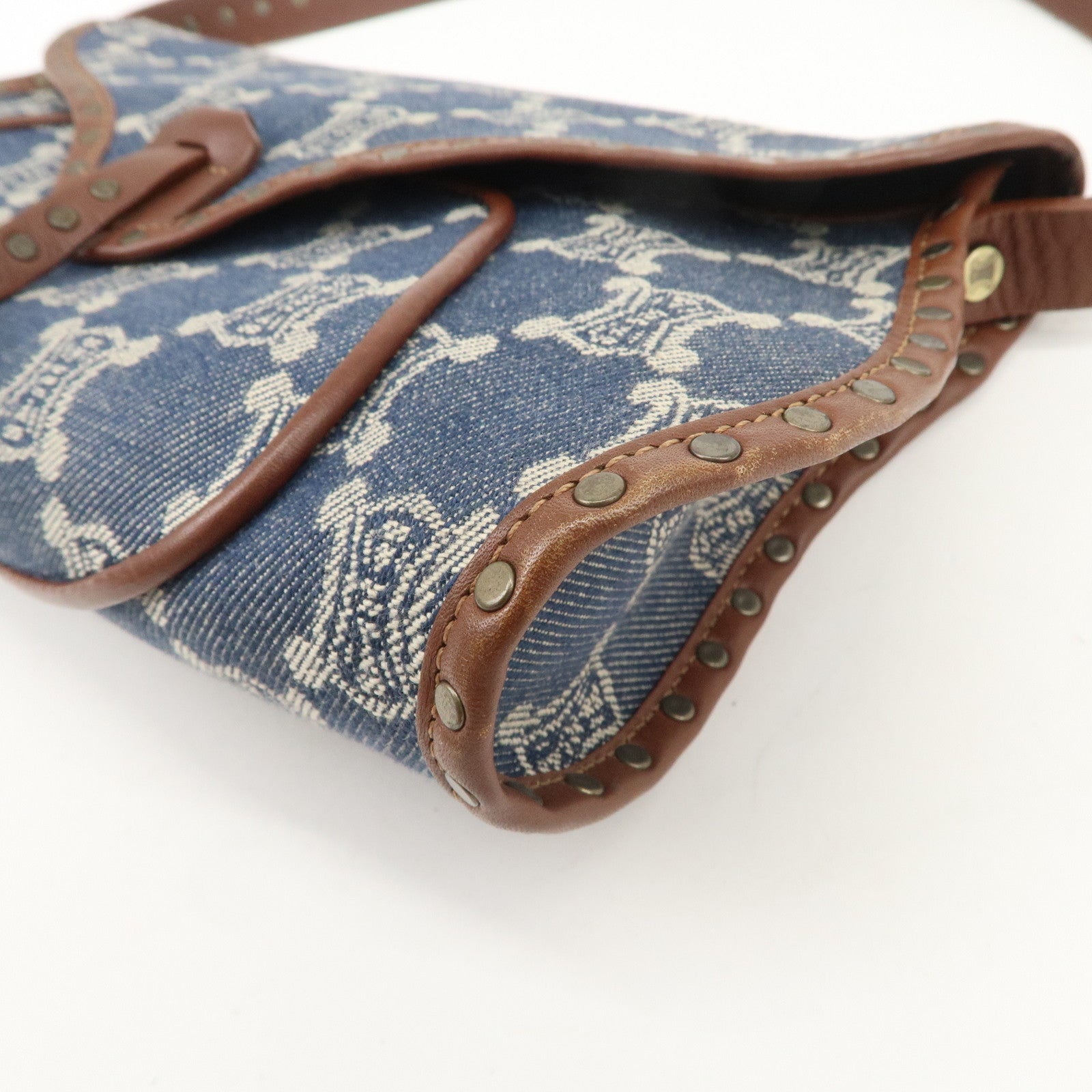 CELINE Macadam Canvas Leather Shoulder Bag Hand Bag Navy Brown