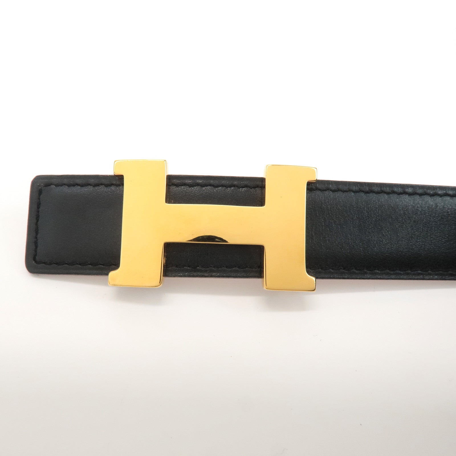 HERMES Cushvel Leather H Buckle Constance Belt H Stamped Black Gold Used