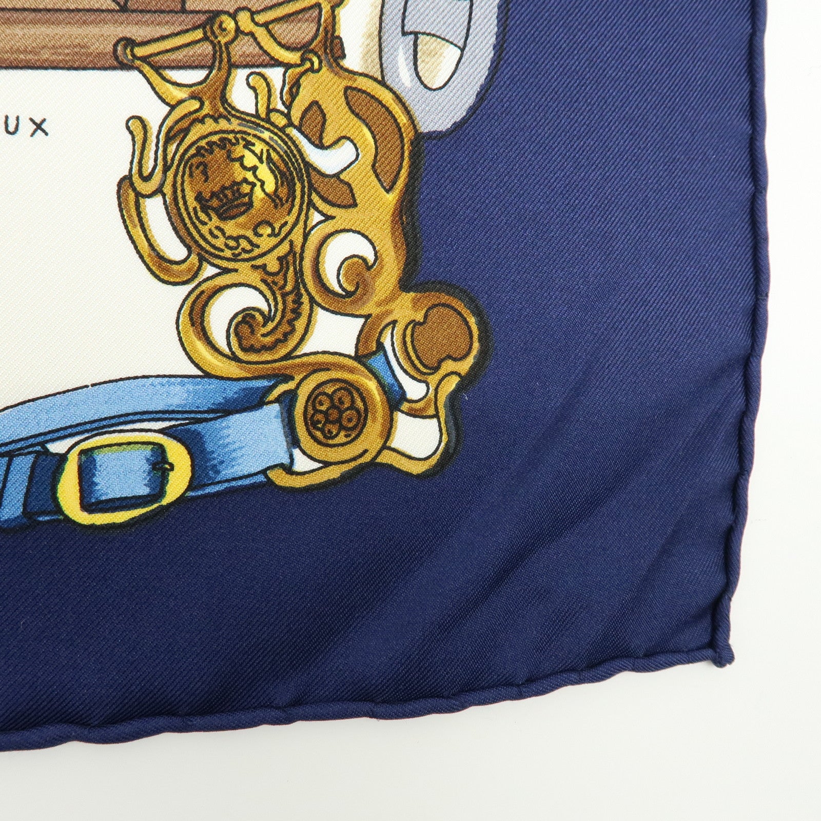HERMES Carre 90 Silk 100% Scarf MUSEE Navy Ivory