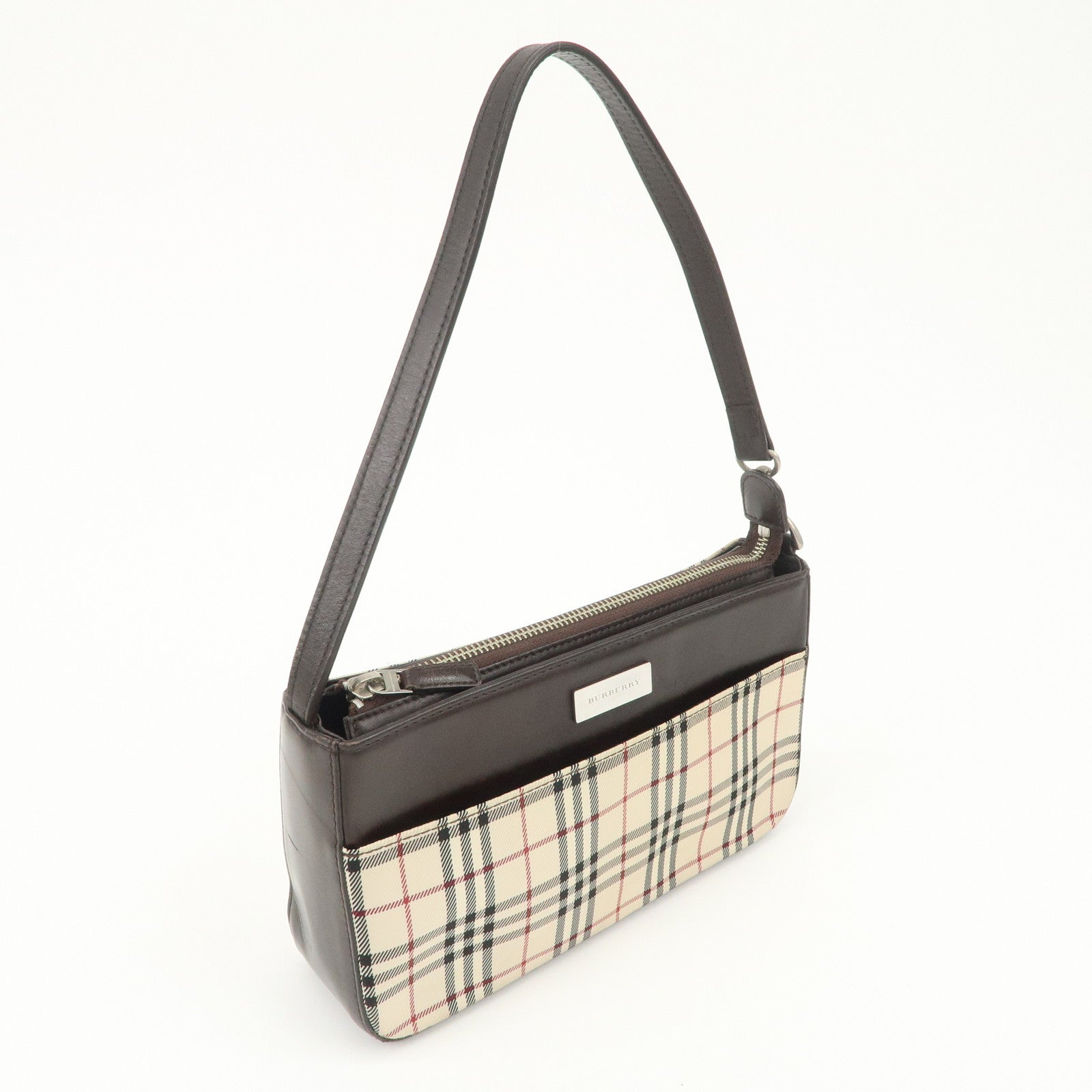 BURBERRY Leather Canvas Shoulder Bag Nova Plaid Brown