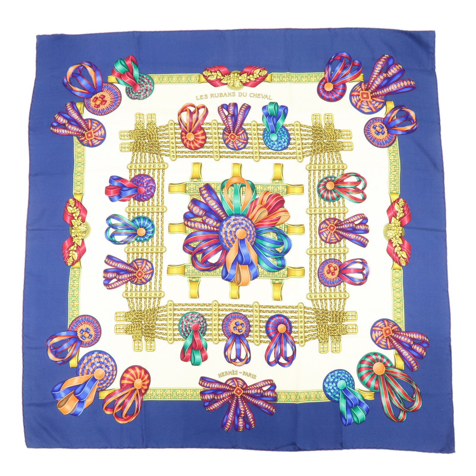 HERMES Carre 90 Silk 100% LES RUBANS DU CHEVAL Scarf Blue White