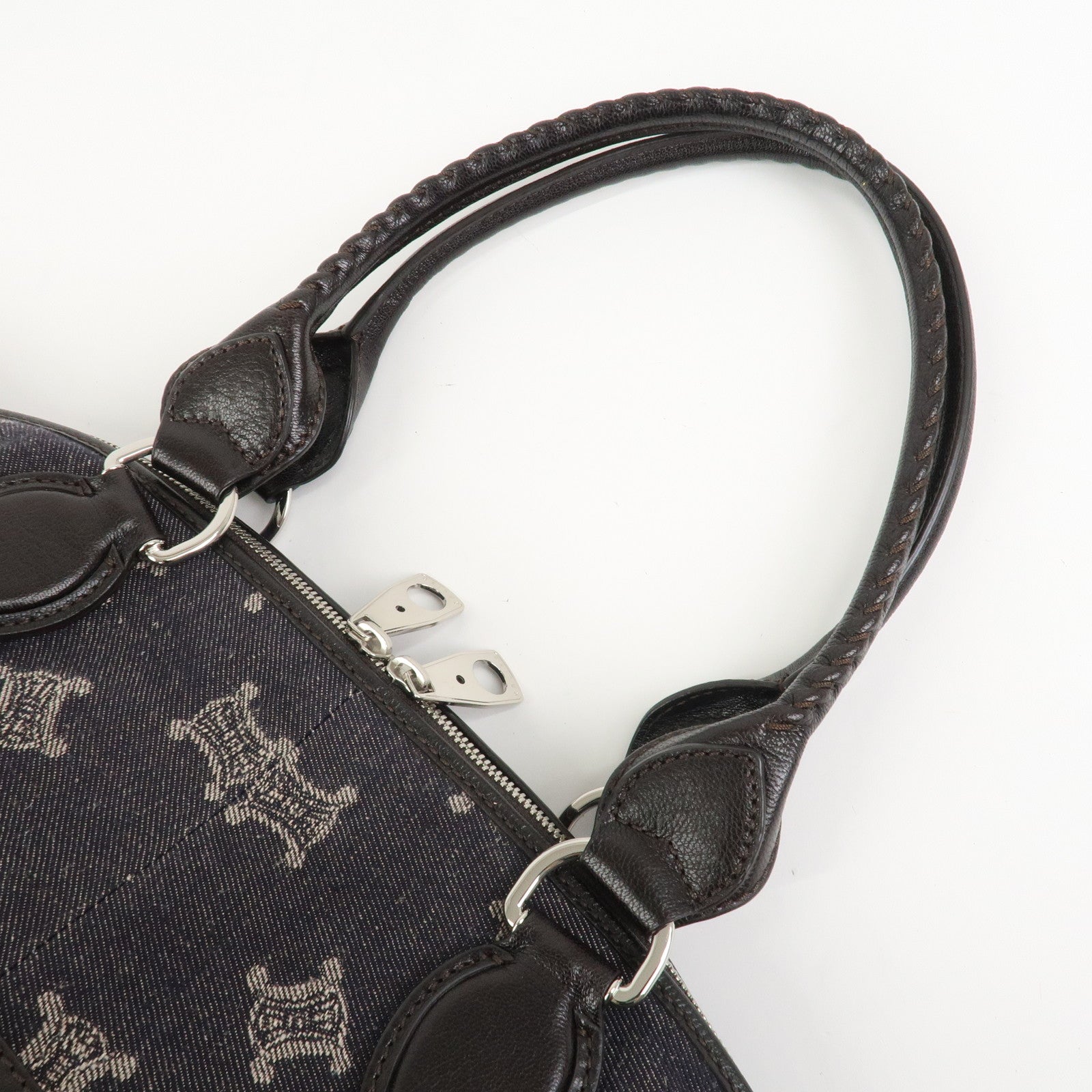 CELINE Macadam Denim Leather Tote Bag Hand Bag Navy Dark Brown