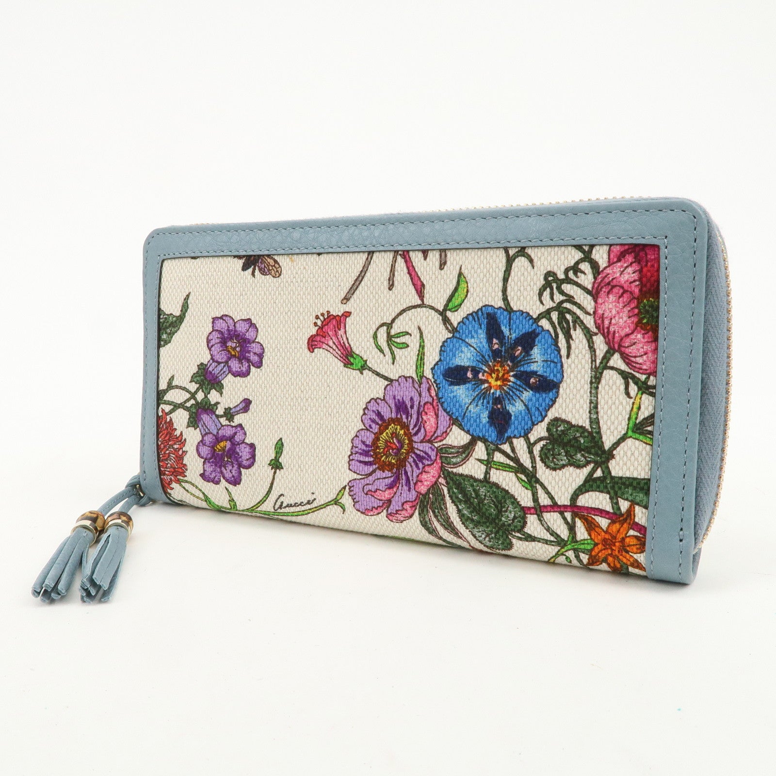 GUCCI Flora Bamboo Canvas Leather Round Zippy Long Wallet 356708