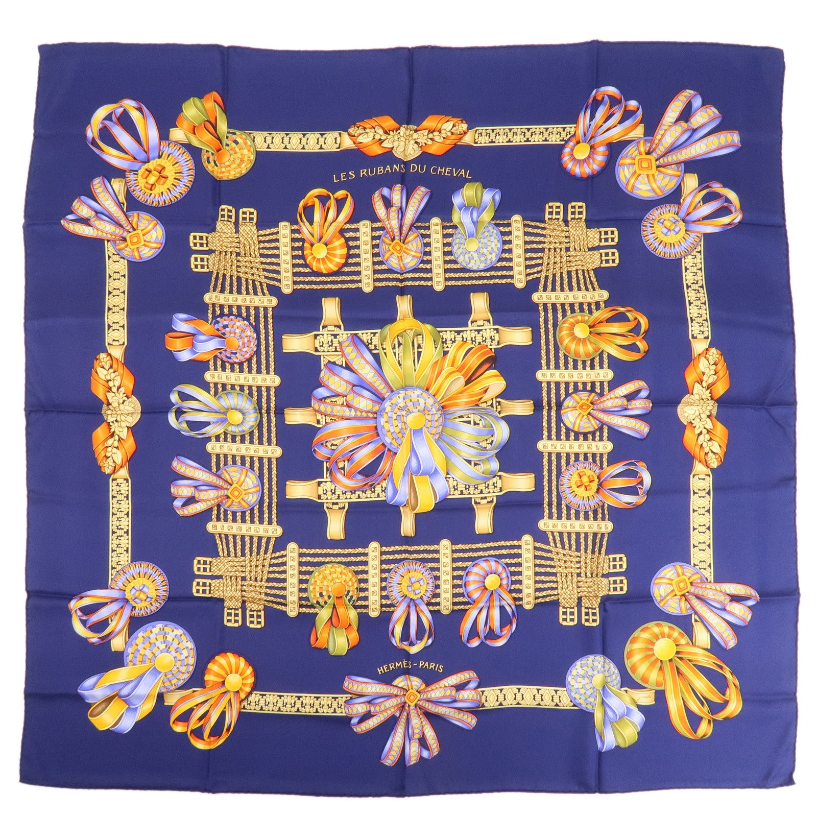 HERMES Carre 90 Silk 100% LES RUBANS DU CHEVAL Navy Used