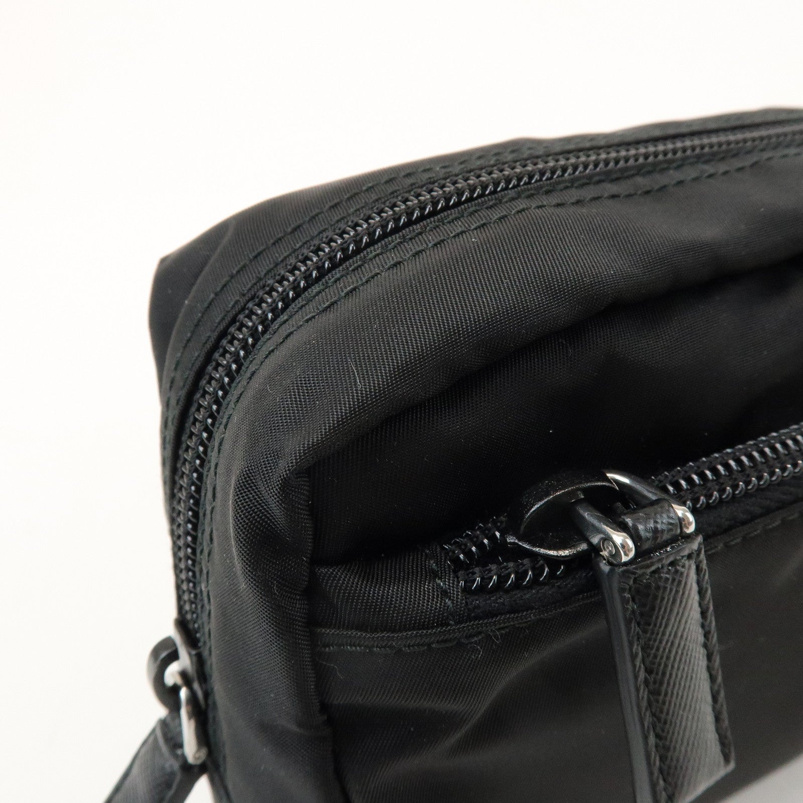PRADA Triangle Logo Nylon Saffiano Leather Pouch Black 1NA393