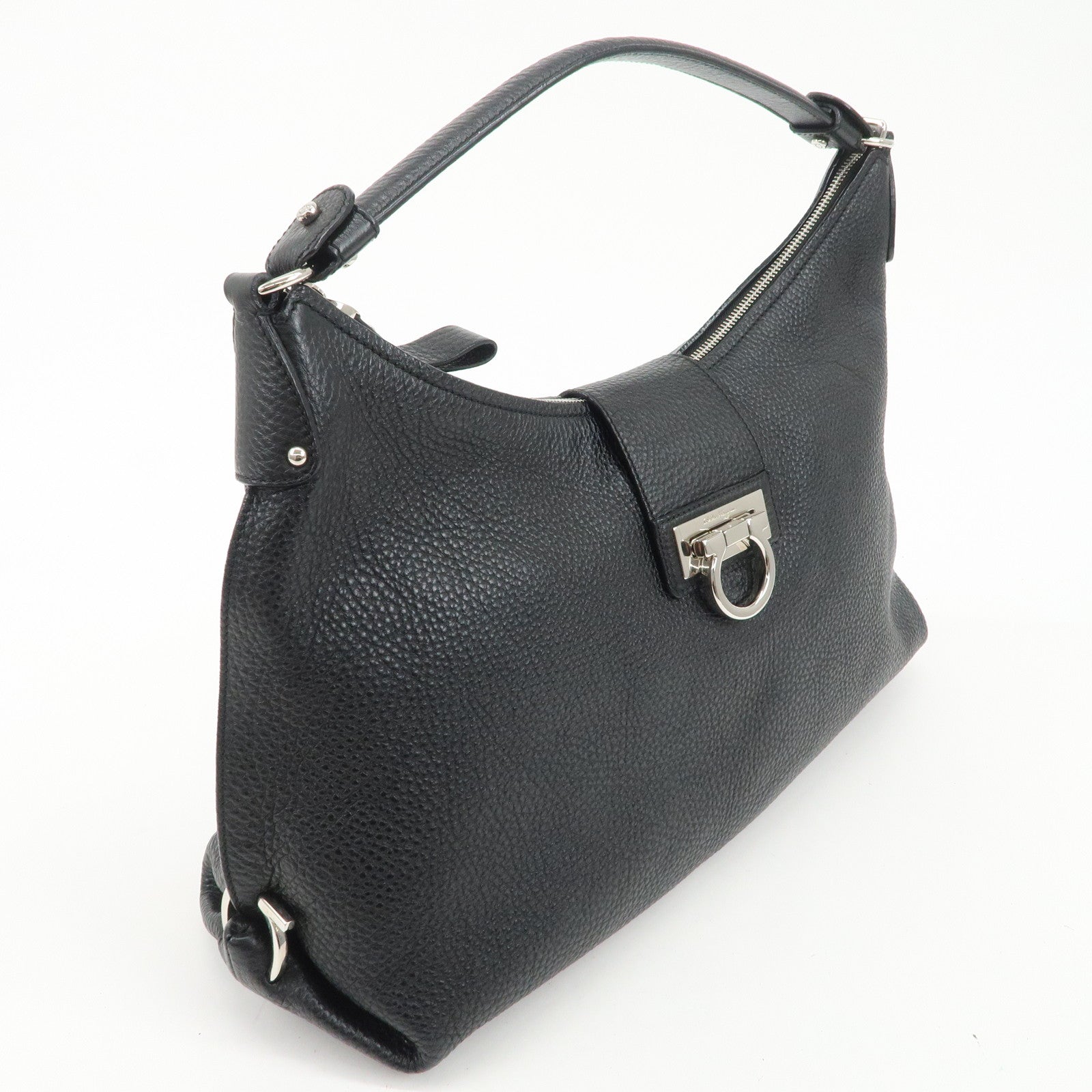 Ferragamo Gancini Leather Shoulder Bag Hand Bag Black Silver HDW