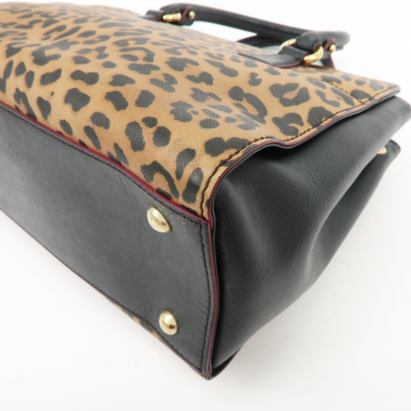 Ferragamo Gancini Leather 2Way Bag Hand Bag Leopard Motif Black