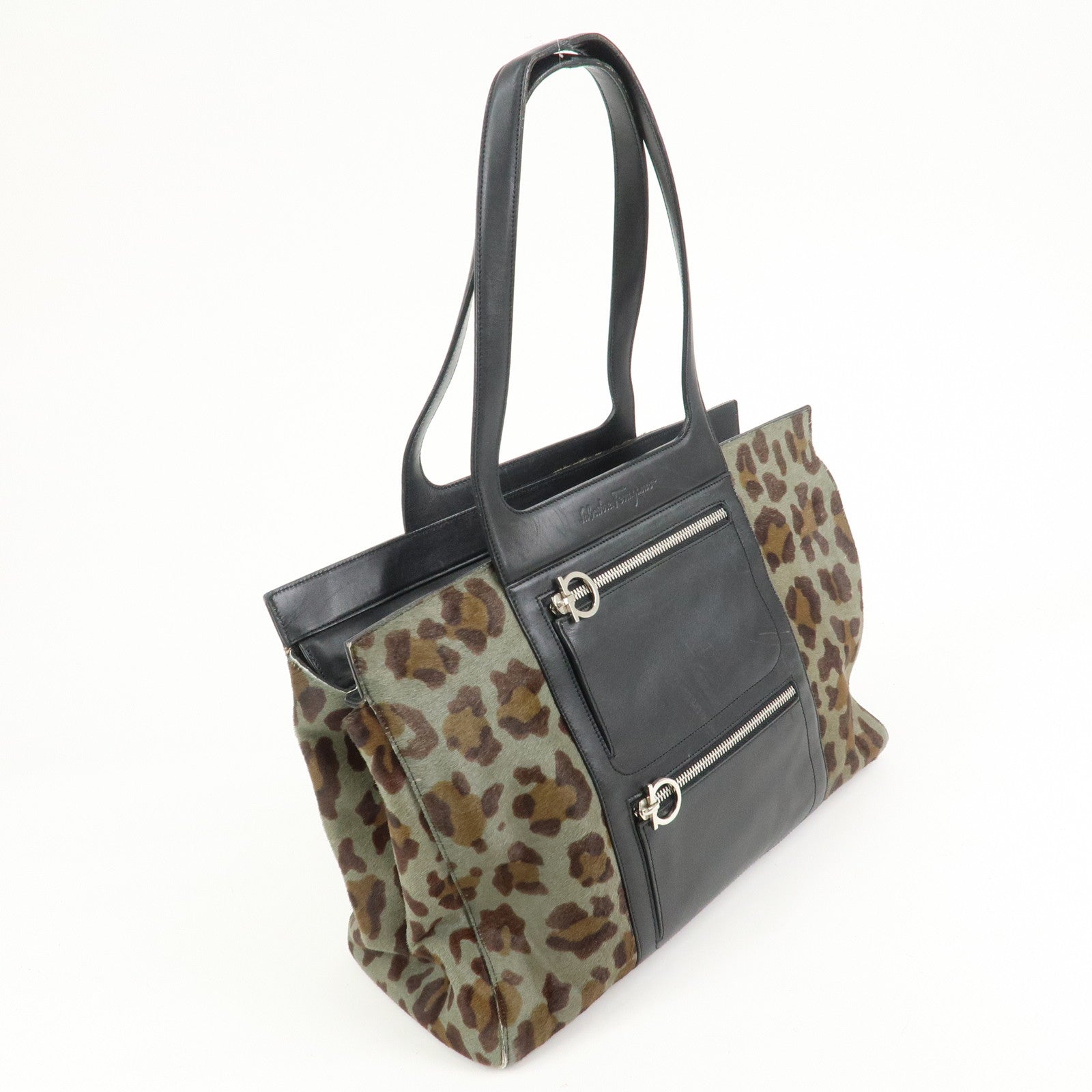 Ferragamo Gancini Unborn Calf Leather Tote Bag Shoulder Bag Leopard