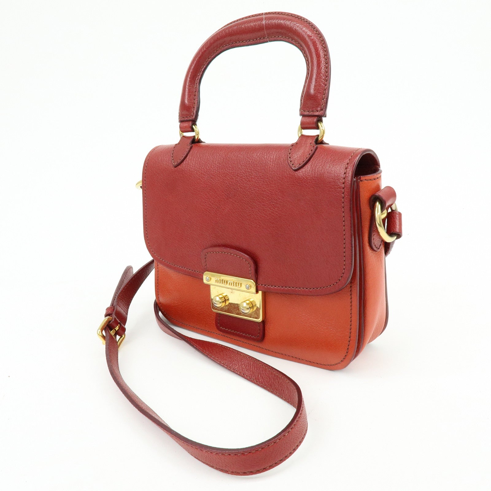 MIU MIU Madras Leather 2Way Bag Hand Bag Shoulder Bag Red Orange