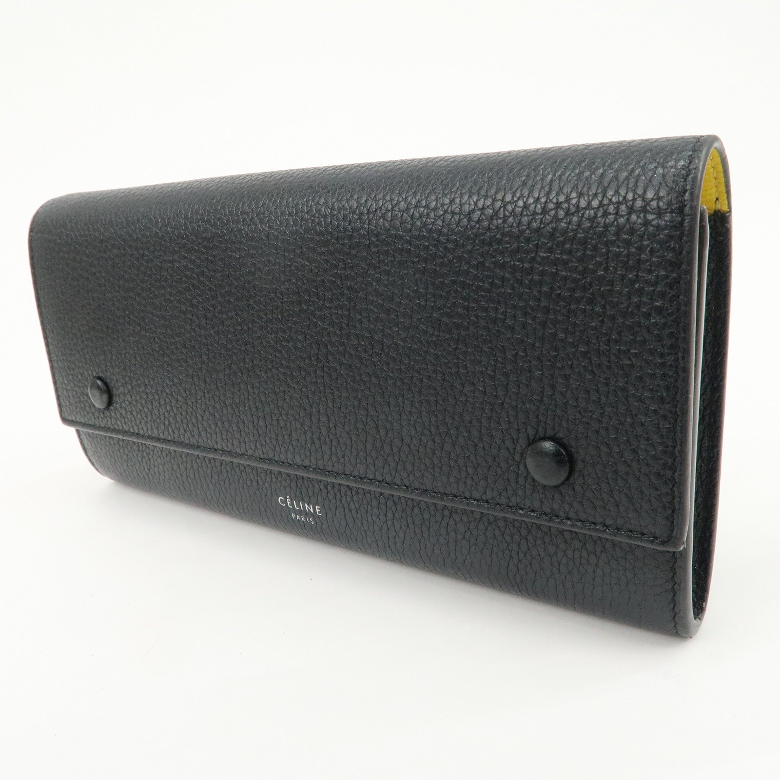 CELINE Logo Glen Calfskin Button Flap Long Wallet Navy