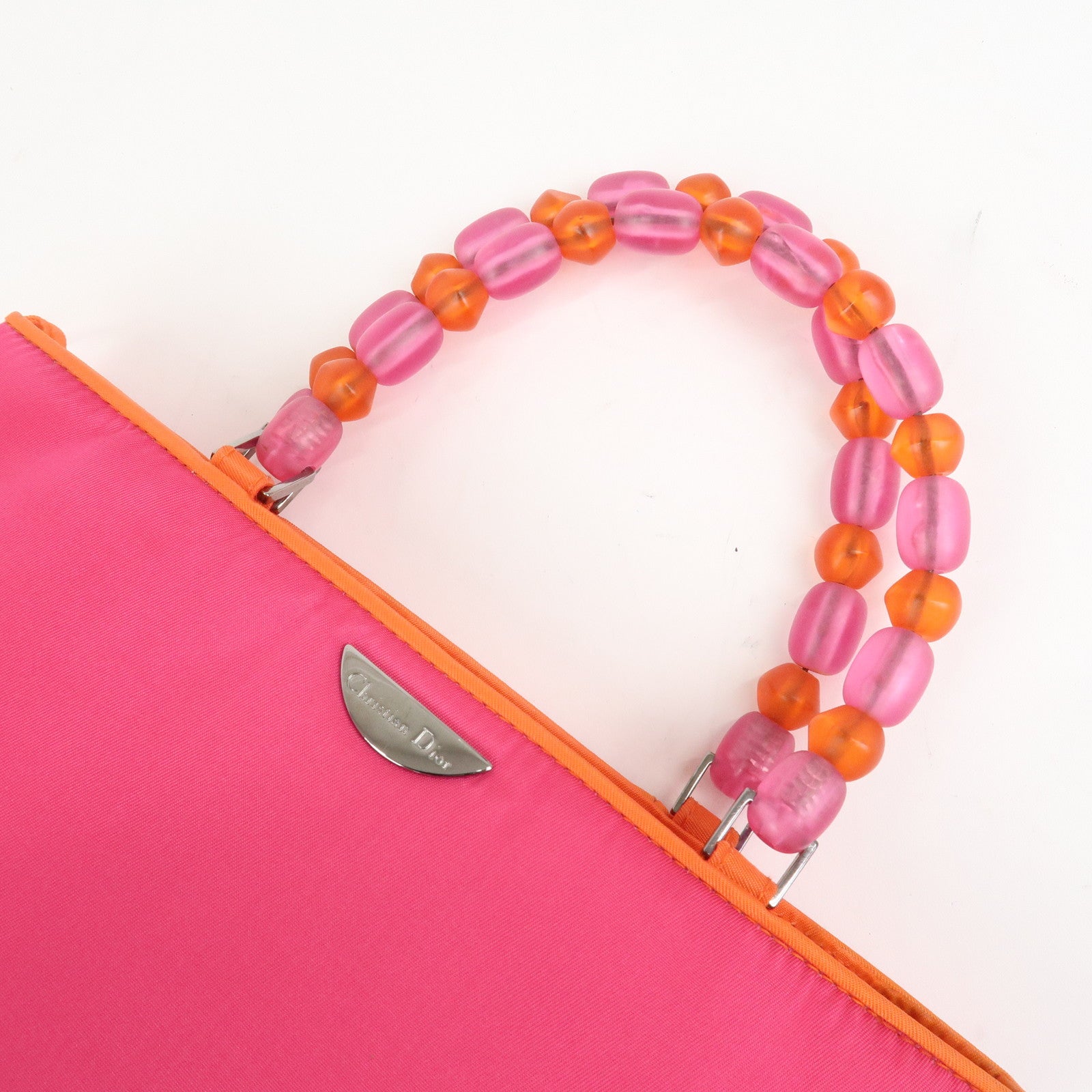 Christian Dior Malice Pearl Logo Nylon Hand Bag Pink Orange