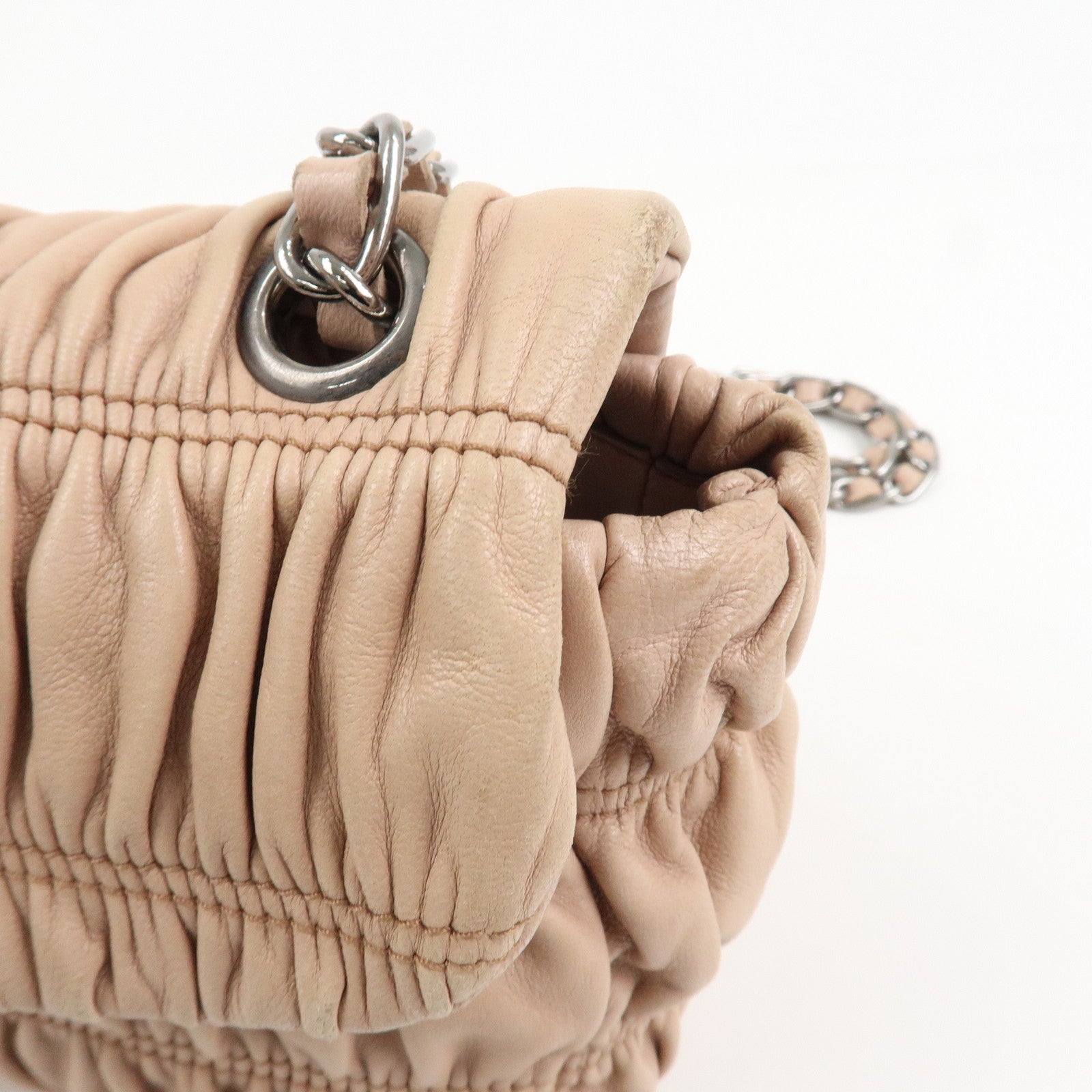 PRADA Leather Gathered Chain Shoulder Bag Pink Beige B4695C