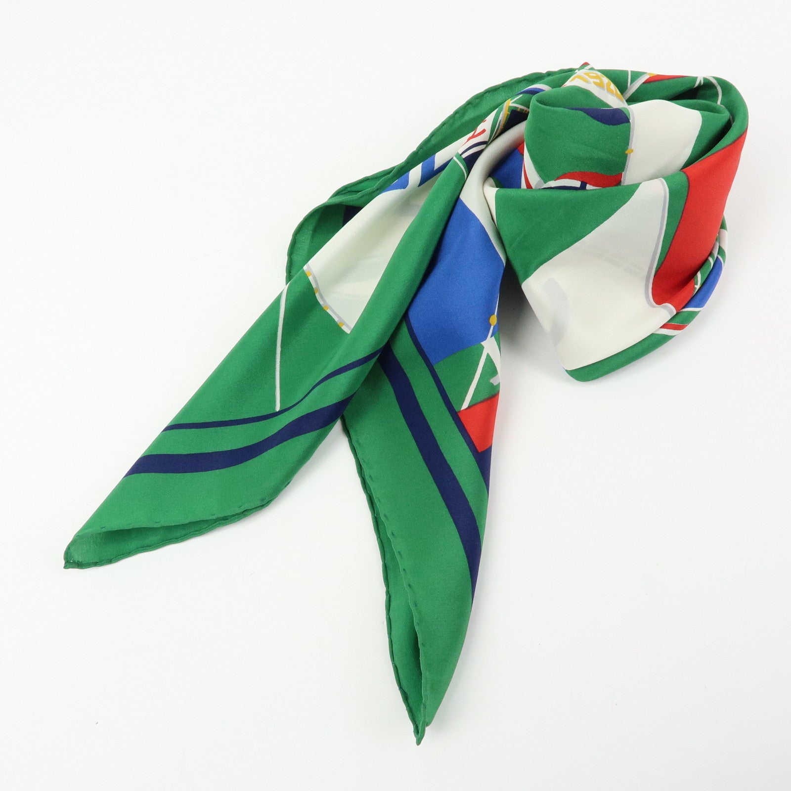 CHANEL COCO Mark Silk100% Scarf Green Navy White Red