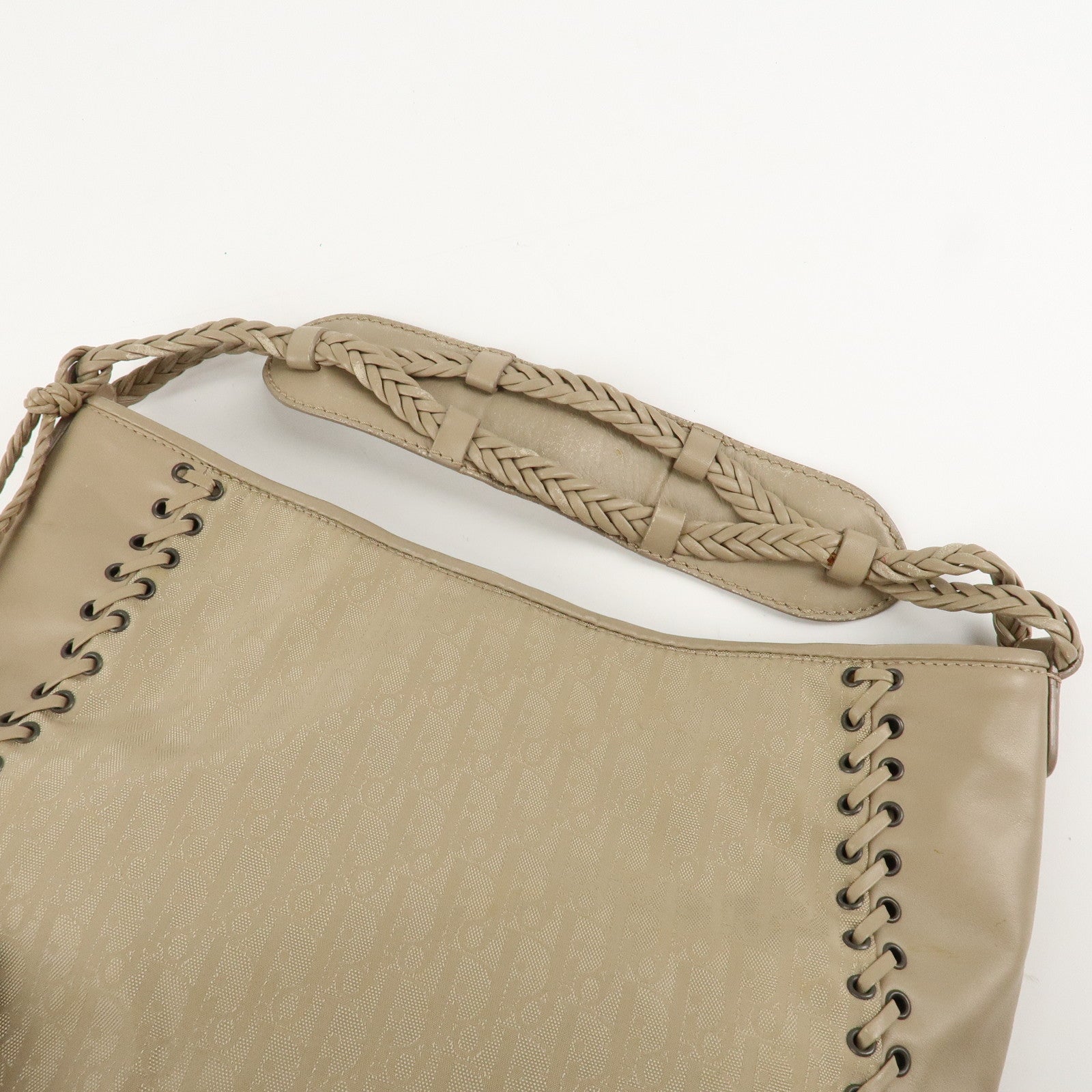 Christian Dior Trotter Canvas Leather Shoulder Bag Heart Charm Beige Used