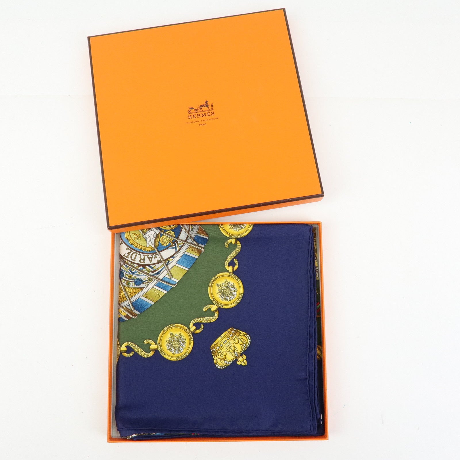 HERMES Carre 90 Silk 100% Scarf  LES TAMBOURS Khaki Navy Gold