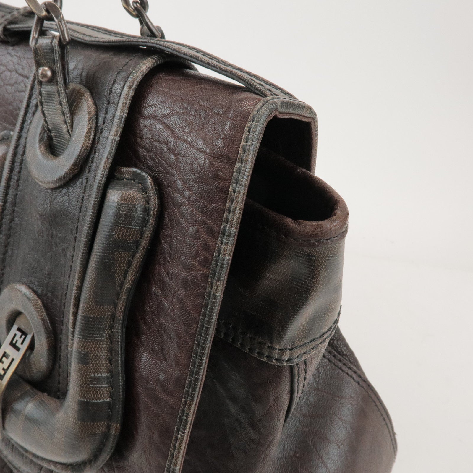 FENDI Zucca Leather PVC Coated Canvas B Bag Boston Bag Brown 8BN166