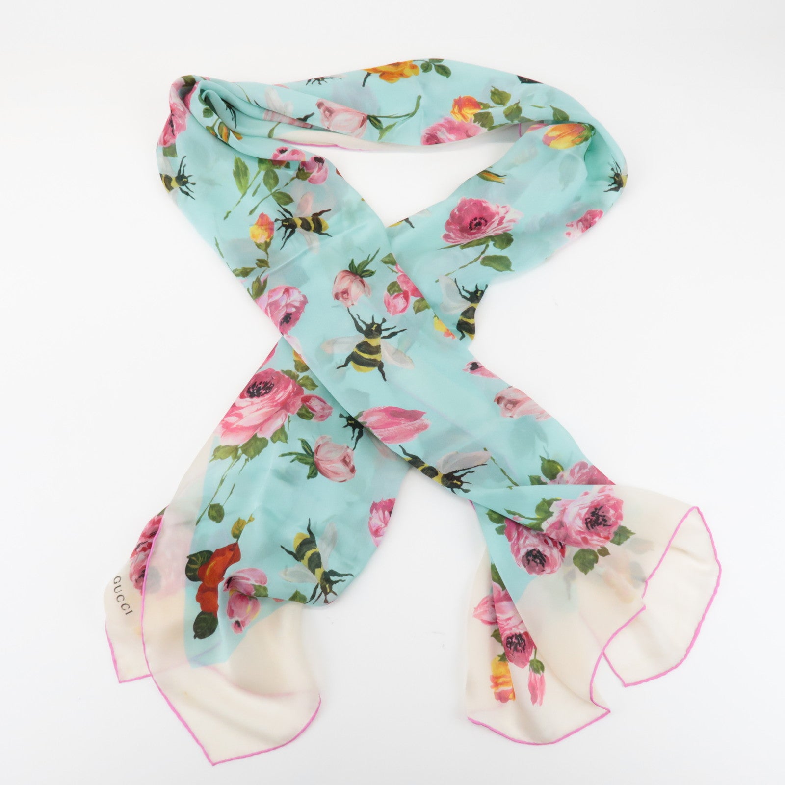 GUCCI Silk 100% 64 ×192 Floral Honey Bee Print Scarf Blue