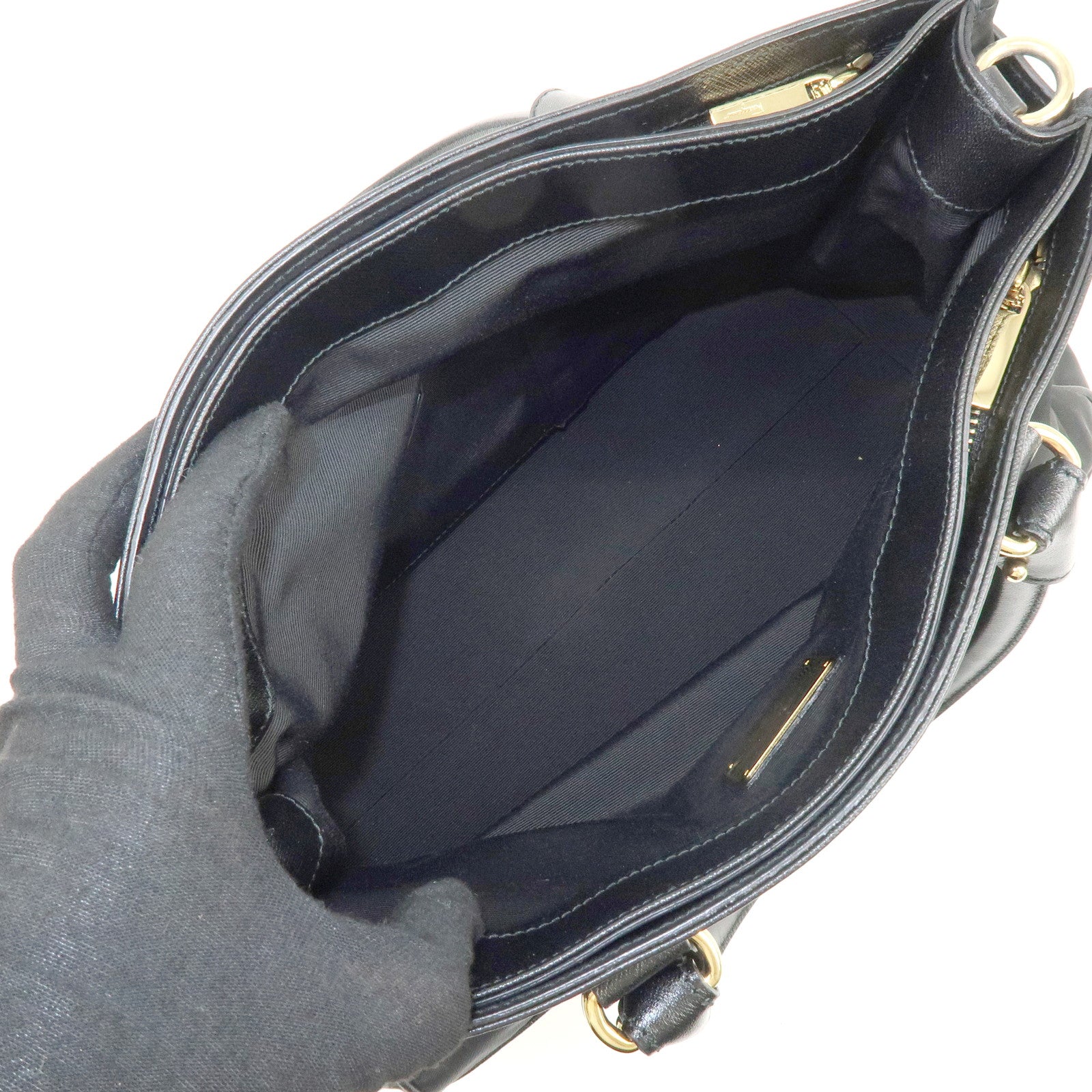 Ferragamo Gancini Nylon Leather 2Way Bag Hand Shoulder Bag Black